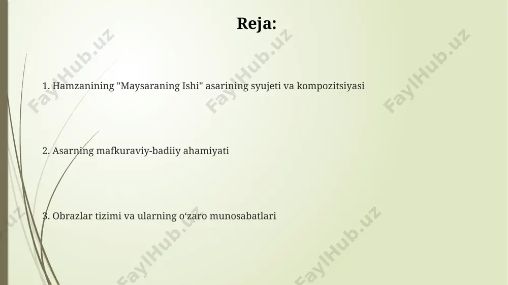 dialogik replikalar orqali obrazlarning xarakterini ochib berishga uringan. asarda takrorlanuvchi motivlar, masalan, maysaraning qiyinchiliklari va uning turmushdagi kurashi, ramziy ma'nolar orqali 5 dan ortiq marta takrorlanib, asosiy g'oyani ta'kidlaydi. hamzaniyning "maysaraning ishi" asari haqida umumiy ma'lumot asar o'zbek milliy dramaturgiyasida 50 dan ortiq sahnalashtirilgan va keng tomoshabinlar tomonidan qabul qilingan, uning mavzulari va muammolari bugungi kungacha dolzarbligicha qolmoqda. pyesada 20 dan ortiq personajlar ishtirok etadi, ularning har biri o'ziga xos xarakterga ega va voqealar rivojlanishiga o'z hissasini qo'shadi, ayniqsa, marg'ilon shaharchasidan kelgan mehmonning roli muhim. "maysaraning ishi" 1970-yillarda yozilgan bo'lib, samarqand viloyatining qishloq hayoti va uning odamlarining murakkab munosabatlarini aks ettiradi, 3 ta asosiy qahramon atrofida qurilgan. xulosa va yakuniy fikrlar пьесадаги асосий қаҳрамонларнинг 5 тасининг тақдири, уларнинг бухоро вилоятидаги ҳаёти ва муносабатлари орқали ўзбек адабиётидаги реализм услубининг ёрқин намунасини тақдим этади. асардаги 7 та эпитет ва метафоралар орқали берилган образли тасвирлар, 1920-йиллардаги бухоро ҳаётига хос бўлган маданият ва анъаналарни …