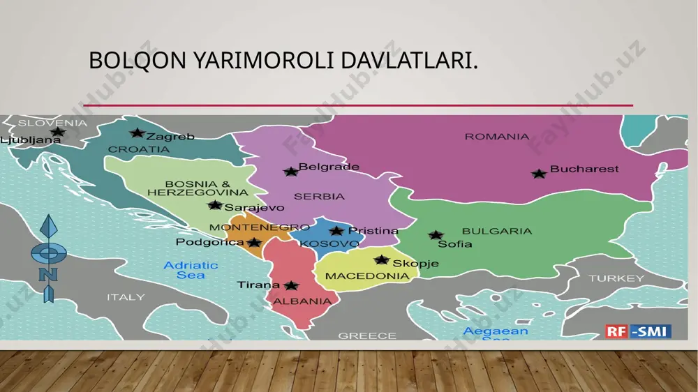 aga hujum qildi. bolqon — janubi-sharqiy yevropadagi yarim oral. unda bugungi albaniya, bolgariya, gretsiya, bosniya va gersegovina, serbiya, chernogoriya va turkiyaning bir qismi hamda italiyaning shimoli-sharqidagi kichik bir qismi joylashgan. bolgariya mag’lubiyatgauchradi. 20- iyulda turkiya undan adrianopolni qaytarib oldi. buxarest shahrida 1913-yil 10-avgustda tinchlik shartnomasi imzolandi. unga ko’ra bolgariya qo’lga kiritgan yerlarning birqismidan ajradi. ruminiya, serbiya va gretsiya hududlari kengaydi. 24- sentabrda turkiya va bolgariya o’rlasida konstantinopolda imzolangan shartnomaga ko’ra adrianopol turkiyaga qaytarildi. bolqonda rossiyaning germaniya-avstriya-vengriya ittifoqi bilan munosabatlari keskinlashdi. bolqon yevropaning portlovchi modda solingan «bochkasi»ga aylandi. image2.jpeg image3.jpeg image4.jpeg image1.jpg /docprops/thumbnail.jpeg