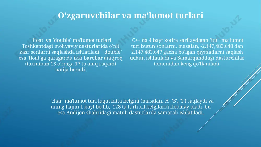 muvofiqdir. funktsiyalarni 20 dan ortiq parametrlar bilan chaqirish, xotira boshqaruviga salbiy ta'sir ko'rsatishi mumkin, shuning uchun samaradorlikni oshirish uchun 10 dan kamroq parametrli funktsiyalardan foydalanish tavsiya etiladi, masalan, algoritmlarni optimallashtirishda toshkentda o'tkazilgan tadqiqotlar shuni ko'rsatdi. funktsiyalar prototiplari dastur kodining o'qiluvchanligini yaxshilaydi va kompilyator xatolarni aniqlashga yordam beradi. masalan, agar funktsiyaning 3 ta parametri bo'lsa va ularning ma'lumot turi aniq ko'rsatilmagan bo'lsa, kompilyator xatolik haqida xabar beradi va bu xatoni samarqanddagi universitetda o'qituvchilar aniqlashdi. abstraktsiya abstraksiya tufayli, 1990-yillarda paydo bo'lgan c++ tilining 5 asosiy xususiyatlaridan biri bo'lib, katta hajmdagi loyihalarda kodni tushunish va boshqarish osonlashadi, samaradorlikni oshiradi. abstraksiya, masalan, windows 10 operatsion tizimining fayl tizimini o'z ichiga olgan 3000 dan ortiq funksiyalarni bitta interfeys orqali boshqarish imkonini beradi, bu esa dasturchilar uchun qulaylik yaratadi. abstraksiya c++ da 2 ta asosiy usul orqali amalga oshiriladi: 1) abstrakt klasslar va 2) interfeyslar yordamida, bu esa dasturchilarga murakkablikni yashirib, kodni soddalashtirishga yordam beradi. massivlar …