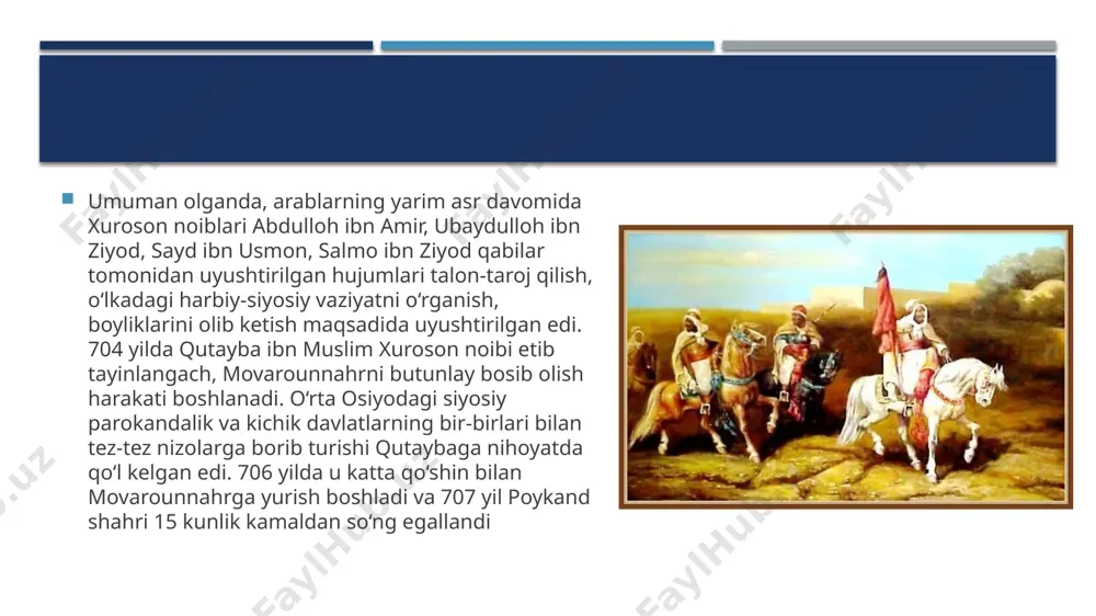 a qayta bostirib kirdi va isfijobni egalladi. 715 yilda qutayba farg‘onaga ikkinchi marotaba yurish uyushtiradi. shu yili qutayba o‘ziga dushman bo‘lgan xalifa sulaymonga qarshi isyon ko‘taradi va mag‘lubiyatga uchrab, o‘ldiriladi. shunday qilib, arablar qisqa muddat ichida movarounnahr hududlarini bosib oldi 707 yil poykand shahri 15 kunlik kamaldan so‘ng egallandi 704 yilda qutayba ibn muslim xuroson noibi etib tayinlandi 705-yilda qutoyba tomonidan balx egallanadi qutayba 710 yilda nasaf va keshni egalladi. qutayba 711-yilda xorazmdagi taxt uchun kurashdan foydalanib uni egallaydi 712 yilda qutayba va samarqandga hujum uyushtirib uni bosib oldi 714 yilda qutayba ibn muslim choch vohasiga qayta bostirib kirdi va isfijobni egalladi 715 yilda qutayba farg‘onaga ikkinchi marotaba yurish uyushtiradi image1.jpeg image2.png image3.jpg /docprops/thumbnail.jpeg
