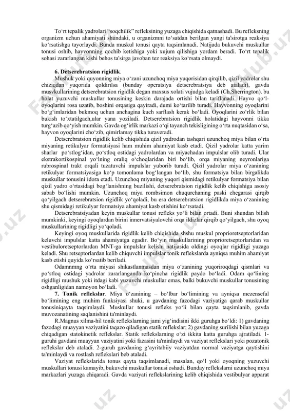 umoral yo‘l bilan ta'sir etishi ham mumkin qusish vaqtida me'daga kirish yo‘li ochiladi, ichak muskullari va me'da devorlari qisqaradi, qorin pressi va diafragma muskullari, halqum, hiqildoq, til va og‘iz muskullari qisqaradi, so‘lak va ko‘z yoshi chiqadi. qusish vaqtida mnt-dagi ko‘pgina markazlarning holati o‘zgaradi, chunki unda miya o‘zaning retikulyar formatsiyasi ham qatnashadi. retikulyar formatsiya ko‘p markazlar bilan bog‘langani uchun uzunchoq miya bilan orqa miyaning turli qismlaridagi neyronlar faoliyatini funksional jihatdan birlashtiradi va kelishtiradi, yuqoridagi markazlarning holatini o‘zgartiradi. aksa urish refleks yo‘li bilan nafas chiqarishdan iborat murakkab akt bo‘lib, uchlik nervning burun bo‘shlig‘idagi retseptolari ta'sirlanganda kelib chiqadi. aksa urish boshlanganda yumshoq tanglay ko‘tarilib, burunning ichki teshigini berkitadi, so‘ngra nafas chiqarish muskullari qisqarib, ko‘krak bushlig‘idagi bosimni oshiradi, shundan so‘ng, burun teshigi to‘satdan ochiladi va butun havo burun orqali zo‘r berib chiqib, burun shilliq pardasiga ta'sir etayotgan moddani olib ketadi.aksa urish aktida, til-halqum nervi, adashgan nerv, til osti nervi, va ba'zi spinal nervlarning afferent …