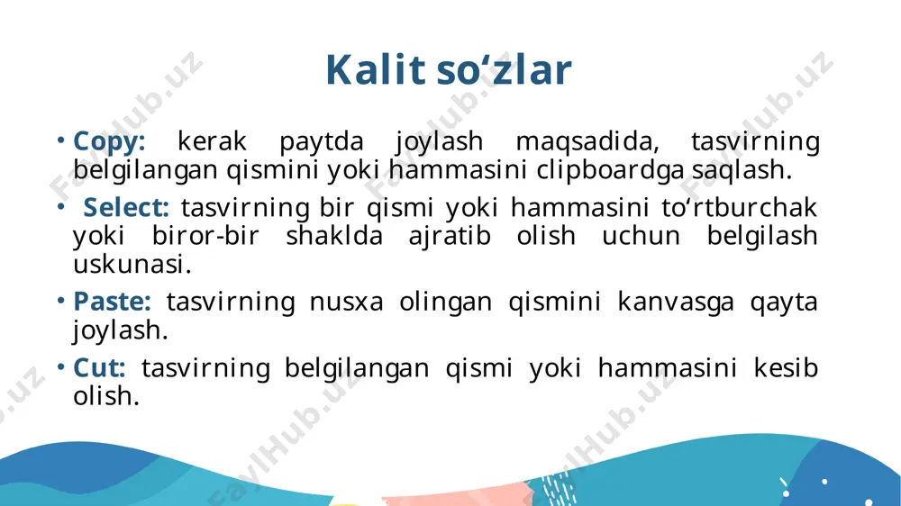 irning siz belgilagan qismi atrofidagi maydon hoshiyasi paydo bo‘lganini koʻrasiz. tasvirning bir qismidan nusxa olish uchun copy tugmasini bosing. bunda paste uskunasidan foydalanguningizga qadar clipboardga nusxa olinadi. paste buyrug‘i sizga nusxa olgan tasvirni kanvasning turli qismiga joylash imkonini beradi. belgilagan tasvirni joylash uchun sichqoncha koʻrsatkichini joylamoqchi boʻlgan joyingizga olib boring, keyin paste tugmasini bosing. natijada belgilagan tasvir qismi kanvasga joylanganini koʻrasiz. tasvirning belgilangan qismini kanvasdan oʻchirmoqchi yoki surmoqchi boʻlsangiz, buni cut uskunasi orqali amalga oshirishingiz mumkin. menyudagi cut tugmasini tanlasangiz, tasvirning siz belgilagan qismi oʻchadi. agar istasangiz, uni kanvasning boshqa qismiga joylashingiz mumkin. mavzu yuzasidan savollar: tasvirning bir qismidan nusxa olish uchun avval qanday amalni bajarish kerak? retangular select uskunasining vazifasi nima? boshqa istalgan shaklning bir qismini belgilash uchun qaysi uskunadan foydalaniladi? tasvirning siz belgilagan qismi nimasi bilan ajralib turadi? tasvirning bir qismidan olingan nusxa joylashtirgunimizga qadar qayerda saqlanadi? cut uskunasining vazifasi nima? image2.jpg image3.png image4.png image5.png image6.png image7.png image8.png …