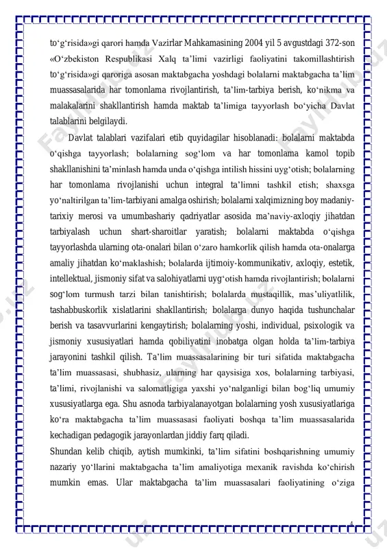 natijasida o’quvchilarning mustaqil fikrlash, tahlil qilish, xulosalar chiqarish, o’z fikrini bayon qilish, uni asoslangan holda himoya qila bilish, sog’lom muloqot, munozara, bahs olib borish ko’nikmalari shakllanib, rivojlanib boradi. ushbu masalalar bizning kurs ishining dolzarbligi bo’lib hisoblanadi. 6 3. bob maktabgacha yoshdagi bolalarni har tomonlama tarbiyalashda estetik tarbiyaning ahamiyati 1.1. maktabgacha yoshda estetik tarbiya berish mazmuni insoniyat go’zallikni butun rivojlanish tarixi jarayonida egallaydi va yaratadi. go’zallik madaniy tarixiy tajribaning bir qismi hisoblanadi.uning ob'ektiv mavjudligi estetik tarbiya nazariyasini, estetik tajribani yosh avlodga maqsadga muvofiq va muntazam ravishda berish va shu orqali uni estetik rivojlantirishni ta'minlashning faol usullarini ishlab chiqishga yo’naltiradi. bunda estetik tarbiya madaniyatni egallashning asosiy vositasi tarbiya va ta'limdir. estetik tarbiya juda keng tushuncha bo’lib, unga tabiat, mehnat, ijtimoiy hayot, turmush va san'atga estetik munosabatni tarbiyalash kiradi. . estetik tarbiya (nafosat tarbiyasi) - bu bolalarga voqelikdagi, san'atdagi, tabiatdagi, kishilarning ijtimoiy va mehnat munosabatlaridagi, turmushdagi go’zallikni idrok qilish hamda to’g’ri tushunishga o’rgatish, …