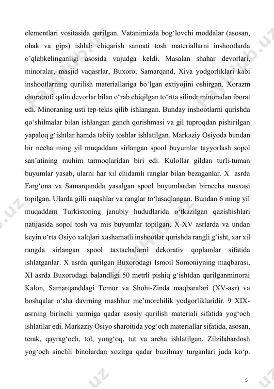 ida, asosan, terak, qayrag‘och, tol, yong‘oq, tut va archa ishlatilgan. zilzilabardosh yog‘och sinchli binolardan xozirga qadar buzilmay turganlari juda ko‘p. yog‘ochga o‘yib ishlangan ajoyib naqshdor ustunlar eshik va raxlar hozirga qadar sharq san’atini boyitib turibdi. qurilish qorishmalari tayyorlashda, asosan, mineral bog‘lovchi moddalardan gil, ohak, gips, ganch, tog‘ mumi (ozorokerit), tog‘ jinsi, trepel, opoka qo‘shilgan ohak (ohak-puts holat bog‘lovchi modda) kabi materiallar ishlatilgan. qorishma tayyorlashda o‘zbek quruvchilari xilma-xil qo‘shilmalardan keng foydalanganlar. jumladan, vulqon shishasi, oqgil (kaolin), hayvon qoni, tuxum sarig‘i, suyak yelimi va shirasi qorishma moddalar mustahkamligi va chidamliligini oshirish vazifasini o‘tagan. samarqanddagi ulug‘bek madrasasini, qo‘qondagi xudoyorxon saroyini qurishga bunday qorishmalar bilan birga ganch-g‘isht va ohak-g‘isht qorishmasidan iborat betonlar ko‘p ishlatilgan. keyingi yillarda qurilish materiallarini ishlab chiqarish bir necha marta ortdi. mahsulotning sifati yaxshilandi, turlari ko‘paydi va yangi texnologik usullar ishga tushirildi. hozirgi qurilish materiallari korxonalari yuqori unumli mashinalar bilan ta’minlangan. ishlab chiqarishdagi deyarli hamma texnologik bosqichlar mexanizatsiyalashtirilgan. qurilish materiallari ishlab …