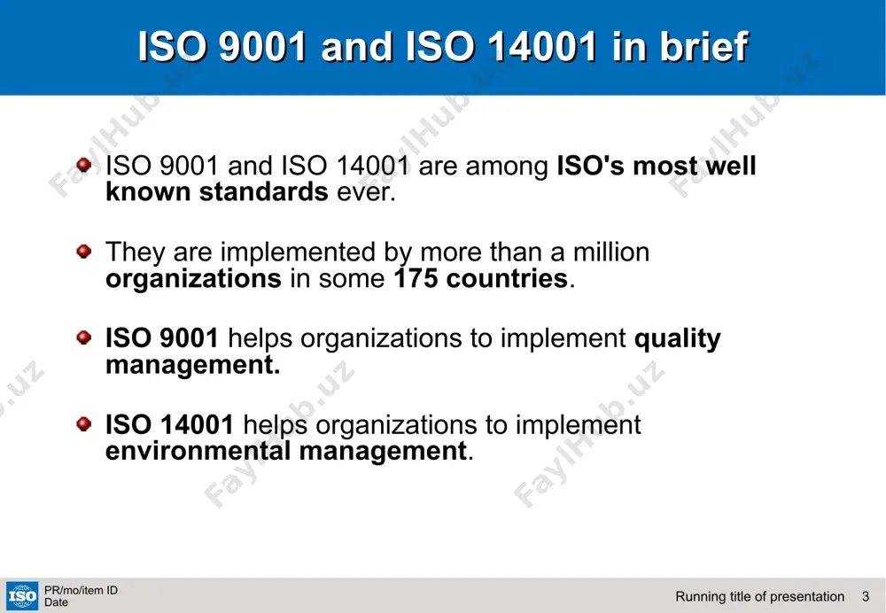 ses, not products (cont.) processes affect final products or services. iso 9001 gives the requirements for what the organization must do to manage processes affecting quality of its products and services. iso 14001 gives the requirements for what the organization must do to manage processes affecting the impact of its activities on the environment. * running title of presentation pr/mo/item id date certification and registration certification is known in some countries as registration. it means that an independent, external body has audited an organization's management system and verified that it conforms to the requirements specified in the standard (iso 9001 or iso 14001). iso does not carry out certification and does not issue or approve certificates, * running title of presentation pr/mo/item id date accreditation accreditation is like certification of the certification body. it means the formal approval by a specialized body - an accreditation body - that a certification …
