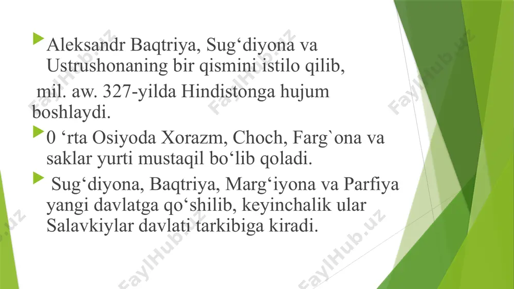 rning jasadini iskandariyadagi umumiy maqbaraga qo'ydi. iskandarning yoniga avgust tashrif buyurdi, u qabrga gullar va iskandarning boshiga oltin diadema qo'yganligi aytiladi. keyinchalik ibn 'abd al-hakam, al-masudiy va leo africanus kabi yozuvchilar iskandar qabrini ko'rganliklari haqida xabar berishadi. 1491 yilda leo africanus va 1611 yilda jorj sandis iskandariyadagi qabrni ko'rganligi aytiladi. aleksandr vafotidan keyingi 12 yil davomida uning davlatining sharqiy qismini avval perdikka keyin antipatr boshqargan. ular aleksandr va roksananing balog‘atga yetmagan o‘g‘lining regentlari bo‘lgan. hokimiyat uchun bo‘lgan kurashlar natijasida mil. avv. 309 yilda roksana va uning 14 yoshli o‘g‘li o‘ldiriladi. diodor va kursiy ruf aleksandr makedonskiyning o‘limi sug‘d hududidga darhol ta’sir ko‘rsatganini yozadi. mil.avv. 323 yilda aleksandr makedonskiy vafot etgach, sug‘d va baqtriyadagi grekdlar yashaydigan shahar va qishloqlardan 20 mingga yaqin piyoda va 3 ming otliq to‘planadi. ularni perdikka o‘z askarlari bilan qirib yuboradi va ularning mol mulkini askarlariga bo‘lib beradi. shundan keiyn sug‘d satrapi o‘z lavozimidan tushirilib o‘rniga makedoniyalik …