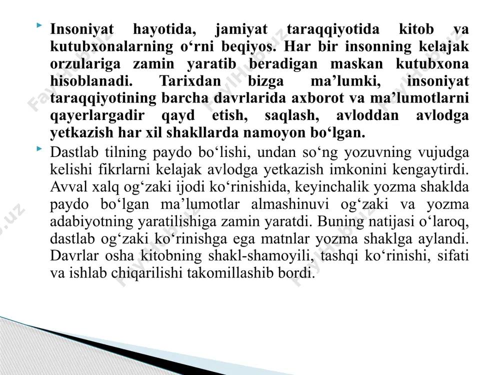 rda paydo bo'lgan. biroq, olimlarning fikriga ko’ra mesopotamiya (mesopotamiya) yozuv paydo bo'lgan birinchi mamlakat bo'lgan . birinchi kitoblar miloddan avvalgi iii ming yillikda qadimgi mesopotamiyada paydo boʻlgan. loy lavhalar yog'och qutilarga solingan, ularning har biri alohida "kitob" ni ifodalagan. xv-asr boshlarida yevropada qog'oz paydo bo'lishi bilan tipografiya matn terish yordamida ixtiro qilingan. an'anaga ko'ra, kitob ishlab chiqarishning ushbu usulini birinchi bo'lib iogannes gutenberg kashf etgan. darhaqiqat, turli yevropa mamlakatlarida undan oldin ham shriftlardan foydalanilgan. gutenbergning daho ixtirosi bosmaxona edi. bosma kitoblar paydo bo'lgach, bilimni nafaqat imtiyozli tabaqa: zodagonlar, ruhoniylar va fan vakillari orasida tarqatish mumkin bo'ldi. asta-sekin, dastgoh yordamida yaratilgan kitoblar aholining qolgan qismi uchun mavjud bo'ldi. yozuv ixtiro qilinganidan beri jamiyatlarda bilimlarni to'plash va saqlashga ixtisoslashgan muassasalar tashkil etilgan. yozuv xonalarida savdo, ma'muriyat va tashqi siyosatga oid ko'plab materiallar to'plami mavjud edi. internet-kutubxonalar asriga qadar bilim orollari bo'lib, tarix davomida jamiyatlarning rivojlanishini sezilarli darajada shakllantirgan. eng qadimgi yozuvlarning aksariyati …