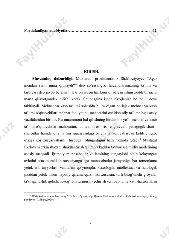 ilari mahoratini, faoliyatini oshirish eng avvalo pedagogik shart - sharoitlar hamda oily ta‘lim muassasidagi barcha imkoniyatlardan kelib chiqib, o‘ziga xos xususiyatlarni hisobga olinganligini ham nazarda tutadi.[footnoteref:1] mustaqil fikrlovchi erkin shaxsni shakllantirish ta'lim va kadrlar tayyorlash milliy modelining asosiy maqsadi. ijtimoiy munosabatlar ko‘lamining kengayishi o‘sib kelayotgan avlodni o‘ta murakkab xususiyatga ega munosabatlar jarayoniga har tomonlama yetuk etib tayyorlash vazifasini qo‘ymoqda. psixologik, intellektual va fiziologik jixatdan yetuk inson hayotiy qarama-qarshilik, xususan, turli buzg‘unchi g‘oyalar ta'siriga tushib qolish, nosog‘lom turmush kechirish va noqonuniy xatti-harakatlarni sodir etishdan o‘zini saqlab qola oladi. shuningdek, shaxsning aqliy salohiyatga egaligi jamiyat ijtimoiy-iqtisodiy rivojlanishini ta'minlovchi asosiy omildir. o‘zbekiston respublikasida, demokratik va huquqiy jamiyat barpo etilayotgan mavjud sharoitda yosh avlodning mustaqil va erkin fikrlay olishi ro‘y berayotgan voqea-xodisalarga shaxsiy munosabtini bildirishga imkon beradi. ijtimoiy borlikda kechayotgan o‘zgarishlarga nisbatan shaxsiy nuqtai nazarning shakllanishi shaxs faolligini ko‘rsatuvchi muhim jihatlardan biridir. qolaversa, mustaqil fikr egasi bo‘lgan shaxs o‘z imkoniyatlari, qobiliyatini erkin namoyon eta …