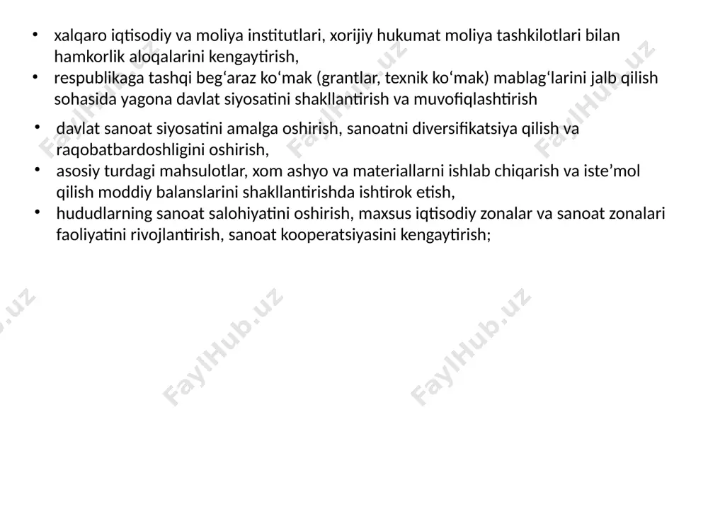 shlab “gsp+” tizimi imtiyozlari qo‘llanilishiga doir ma’lumotlar olish, sinov laboratoriyalarini (shu jumladan, veterinariya, o‘simliklar karantini, sanitariya-epidemiologiya sohalarda) erkin tanlash, sinov bayonnomalarini elektron rasmiylashtirish imkonini beradigan hamda bojxona organlari “yagona darcha” tizimiga integratsiya qilingan “e-sertifikat” axborot tizimi ishga tushiriladi; “shtrixli kodlash va axborot texnologiyalari markazi” davlat korxonasining o‘zbekiston respublikasida ishlab chiqariladigan tovarlar shtrixli kodlarining davlat reyestrini yuritish monopol funksiyasi bekor qilinadi. https://lex.uz/uz/docs/-4327455 7-bob. vazirlik faoliyatini tashkil etish 1-§. vazirlik rahbariyati 34. vazirlikka o‘zbekiston respublikasi oliy majlisi qonunchilik palatasi ma’qullagandan so‘ng o‘zbekiston respublikasining bosh vaziri taqdimnomasiga binoan o‘zbekiston respublikasi prezidenti tomonidan lavozimga tayinlanadigan va lavozimdan ozod etiladigan vazir rahbarlik qiladi. vazir o‘zbekiston respublikasi prezidenti tomonidan lavozimga tayinlanadigan va lavozimdan ozod etiladigan ikki nafar birinchi o‘rinbosar va olti nafar o‘rinbosarga ega. 35. quyidagilar: vazirlik huzuridagi xorijiy investitsiyalarni jalb qilish agentligi, eksportni rag‘batlantirish agentligi, xalqaro hamkorlik va rivojlanish agentligi va investitsiya loyihalarini ishlab chiqish markazi direktorlari vazirning taqdimnomasiga binoan o‘zbekiston respublikasi vazirlar mahkamasi tomonidan …