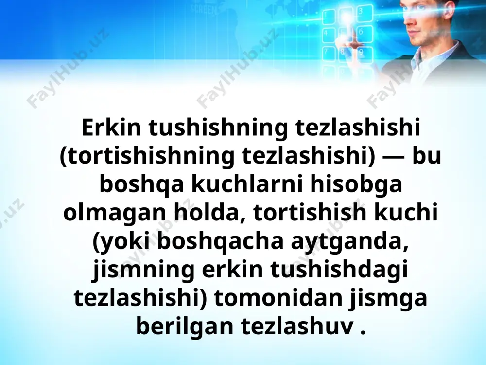liklarda uning vektorining yoʻnalishi yer markaziga yoʻnaltirilgan tortishish tezlashuvi vektorining yoʻnalishiga toʻgʻri kelmaydi. gravitatsion tezlashuv umumjahon tortishish qonuniga muvofiq, yer yoki kosmik jism yuzasida tortishish tezlashuvining kattaligi uning massasiga bogʻliq. m quyidagi munosabat bilan: bu yerda g — tortishish doimiysi (6,67430[15] 10 −11 m 3 s −2 kg −1) [6], va r — sayyoraning radiusi. bu munosabat sayyora materiyasining zichligi sferik simmetrik degan faraz ostida amal qiladi. yuqoridagi nisbat har qanday kosmik jismning, shu jumladan yerning radiusi va uning yuzasida tortish tezlanishini bilgan holda massasini aniqlash yoki aksincha, maʼlum massa va radiusdan foydalanib, sirtdagi erkin tushish tezlanishini aniqlash imkonini beradi. tarixiy jihatdan, yerning massasi birinchi marta tortishish doimiyligini birinchi oʻlchovlarini amalga oshirgan genri kavendish tomonidan aniqlangan. balandlikda tortishish tezlashishi h yer yuzasidan (yoki boshqa kosmik jismdan) quyidagi formula boʻyicha hisoblash mumkin: g(h)=gm (r+h)2 {\displaystyle g(h)={\frac {gm}{(r+h)^{2}}}} , bu yerda, m — sayyoraning massasi. yerdagi erkin tushish tezlashishi yer yuzasida erkin …