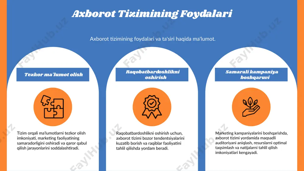 ishda yordam beradi. integratsiya jarayonining afzalliklari tizimning samaradorligini oshirish, ma'lumotlar uzluksizligini ta'minlash, qaror qabul qilish tezligini va aniqligini oshirish hamda mijozlarga xizmat sifatini yaxshilashdir. bu marketing strategiyalarining muvaffaqiyatini ta'minlaydi. 1 2 3 tizimni rivojlantirishda innovatsiyalar innovatsion yondashuvlar va ularning ahamiyati innovatsiyalar marketing axborot tizimlarida raqobatbardoshlikni oshirish uchun muhimdir. ular yangi texnologiyalar, usullar va strategiyalarni o'z ichiga oladi. yaxshi innovatsiyalar mijozlarning ehtiyojlarini to'g'ri aniqlash va ular bilan samarali aloqalarni rivojlantirish imkonini beradi. marketing axborot tizimida innovatsiyalarni qo‘llash innovatsiyalarni qo‘llash uchun, avvalo, bozor tendensiyalarini tahlil qilish va texnologik rivojlanishni kuzatish zarur. masalan, sun’iy intellekt va ma’lumotlar tahlili metodlarini integratsiya qilish orqali marketing strategiyalarini optimallashtirish mumkin. tizimni rivojlantirishda ma'lumotlar tahlili ma'lumotlar tahlilining roli marketing tizimida muhim, chunki u bozor trendlarini va mijoz ehtiyojlarini aniqlashga yordam beradi. zamonaviy vositalar, jumladan ai va mashina o'qitish, tahlil jarayonini samarali qilishda foydalaniladi. natijalar marketing strategiyalarini optimallashtirish uchun ishlatiladi. photo by árpád czapp on unsplash photo by giulia …