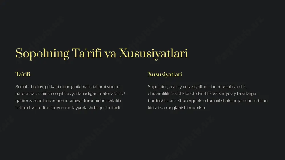 orat o'zgarishlaridan saqlang. issiq idishni birdaniga sovuq suvga solmang. 10 xulosa va tavsiyalar ushbu taqdimotda sopol buyumlar haqida umumiy ma'lumot berildi. sopol - bu qadim zamonlardan beri insoniyatga xizmat qilib kelayotgan ajoyib materialdir. uning afzalliklari va kamchiliklarini hisobga olgan holda, to'g'ri foydalanish va g'amxo'rlik qilish orqali sopol buyumlarning umrini uzaytirish mumkin. sizga sopol buyumlardan bahramand bo'lishingizni va ularning go'zalligini qadrlashingizni tilaymiz. shuningdek, o'zbekiston sopolchilik markazlariga sayohat qilib, hunarmandlarning ishini o'z ko'zingiz bilan ko'rishingizni tavsiya etamiz. 11 image1.png image2.png image3.png image4.png image5.png image6.png image7.png image8.png image9.png image10.png image11.png image12.png image13.png image14.png image15.png image16.png image17.png image18.png