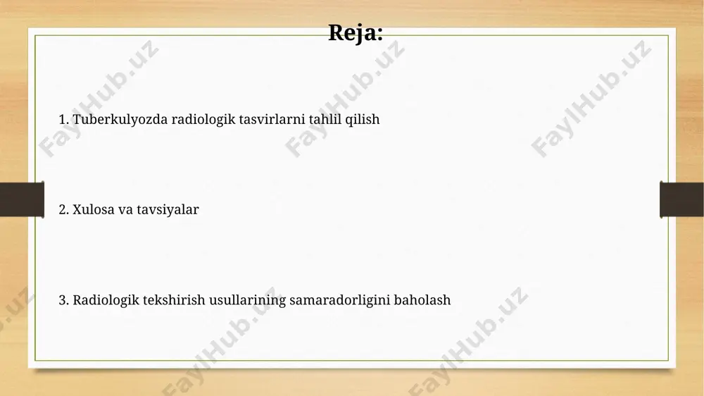 ori sezuvchanligi 85-90% ni tashkil etadi. xulosa va tavsiyalar кт текшируви юқори аниқликда (90% дан ортиқ) ўпкадаги туберкулез ўчоқларини аниқлаш имконини беради, шу билан бирга, рентгенографияга нисбатан камроқ сохта манфий натижаларни беради. юқори аниқликли mri текширувлари туберкулезнинг ноодатий жойлашувларини аниқлашда 75% гача юқори самарадорликни кўрсатди, бу эса тўғри ташхисни ўз вақтида қўйишда муҳим аҳамиятга эга. tuberkulez diagnostikasida radiologik usullar qo'llanilishi kompyuter tomografiyasi (kt) yuqori aniqlikdagi tasvirlarni hosil qiladi va o'pkaning kichik o'zgarishlarini, shu jumladan, 2 mm gacha bo'lgan tugunlarni aniqlash imkonini beradi. ko'krak qafasi rentgenografiyasi o'pka tuberkulyozining 70% hollarda aniqlash imkonini beradi, ammo yallig'lanish jarayonining dastlabki bosqichlarini aniqlashda sezuvchanligi past bo'ladi. radiologik tekshiruv xavfsizligi va yon ta'siri yuqori dozali radiatsiyaga uzoq muddat ta'sir qilish saraton xavfini oshirishi mumkin, shuning uchun tekshiruvlar faqat tibbiy ko'rsatmalarga muvofiq amalga oshirilishi kerak. radiologik tekshiruvlar, masalan, ko'krak qafasi rentgenogrammasi, kam dozada ionlashtiruvchi nurlanishdan foydalanadi, ammo yillik dozasi 0,1 msv dan kam bo'lganda xavf minimaldir. kelajakda …