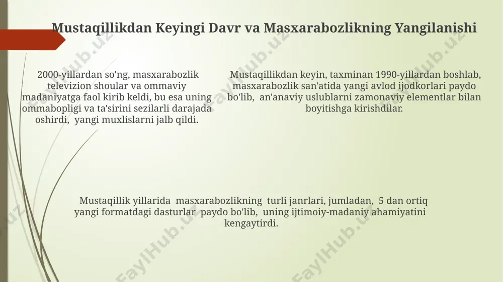 z ijrolari namoyish etilgan boʻlib, ularning koʻpchiligi an'anaviy va zamonaviy uslublarni birlashtirgan. ba'zi festivallar maxsus mukofotlarni, masalan, "eng yaxshi kulgi", "eng innovatsion spektakl" kabi 5 ta nominatsiyada taqdim etadi, bu esa raqobatni yanada qizdiradi. ba'zi festivallar maxsus mukofotlarni, masalan, "eng yaxshi kulgi", "eng innovatsion spektakl" kabi 5 ta nominatsiyada taqdim etadi, bu esa raqobatni yanada qizdiradi. masxarabozlik san’atining qadimgi ildizlari oʻrta asr adabiyoti va miniatyuralarida tasvirlangan masxarabozlarning kiyimlari, harakatlari va repertuari boʻyicha tahlillar ularning murakkab ijro texnikasiga ega boʻlganligini koʻrsatadi, masalan, kamida 10 turdagi masxara turi mavjud boʻlgan. vii-viii asrlardagi manbalarda “masxaraboz” atamasi bilan birga, turli xil maskarad va kulgili tomoshalarning mavjudligi haqida ma’lumotlar uchraydi, ular xalq madaniyatining ajralmas qismi boʻlgan. masxarabozlik san’ati, milodiy i-ii asrlardagi afsonaviy buxoro va samarqand shaharlarining devor rasmlarida tasvirlangan sahna koʻrinishlarida oʻz ifodasini topgan, bu esa uning qadimgi ildizlariga dalolat beradi. masxarabozlik san’ati va turizm masxarabozlarning anʼanaviy raqs va musiqali chiqishlari, sayyohlik dasturlarining 30% ni …