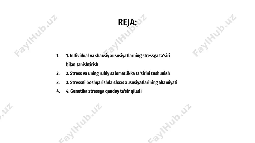 oldini olish uchun stressni erta bartaraf etish juda muhimdir. 3. stressni boshqarishda shaxs xususiyatlarining ahamiyati shaxsiy va shaxsiy xususiyatlar stress rivojlanishiga katta ta'sir qiladi. shaxsiy xususiyatlar stressni samarali boshqarishda hal qiluvchi rol o'ynaydi. o'z shaxsiyatini tushunish stressni qo'zg'atuvchi omillarni aniqlashga va unga qarshi kurashish mexanizmlarini ishlab chiqishga yordam beradi. kuchli va zaif tomonlarini tan olish orqali odamlar stressni yanada samarali boshqarishlari mumkin. chidamlilik, optimizm va moslashuvchanlik kabi shaxsiy xususiyatlar stressni boshqarishda muhim ahamiyatga ega. ushbu fazilatlarni shakllantirish stressni engish strategiyalari va umumiy farovonlikka olib kelishi mumkin. genetika insonning stressga javobini aniqlashda hal qiluvchi rol o'ynaydi. ba'zi genetik o'zgarishlar ba'zi odamlarni stressga chidamliroq qiladi, boshqalari esa ko'proq sezgir. 01 tadqiqotlar shuni ko'rsatdiki, genetik omillar kortizol kabi stress gormonlarini ishlab chiqarishga, shuningdek, bu gormonlar organizmda qanday tartibga solinishiga ta'sir qilishi mumkin. 02 stressga javob berishning genetik komponentini tushunish stressni boshqarish va ruhiy farovonlikni yaxshilash uchun shaxsiy strategiyalarni ishlab chiqishga yordam beradi. 03 …