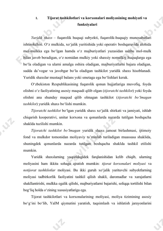 jorat tashkilotlari va korxonalarining moliyasi, moliya tizimining asosiy bo‘g‘ini bo‘lib, yaim qiymatini yaratish, taqsimlash va ishlatish jarayonlarini qamrab oladi. ular, asosan yalpi ijtimoiy mahsulot va milliy daromad yaratiladigan, moddiy ishlab chiqarish sohasida faoliyat yuritadilar. iqtisodiy tuzumdagi o‘zgarishlar natijasida tadbirkorlik faoliyatining yakuniy maqsadi xususiy kapitalina saqlab holda foyda olish bo‘lib qoldi. tijorat tashkilotlari va korxonalari tadbirkorlik faoliyatini olib borishida ishlab chiarishni tashkil etish va mahsulot realizatsiyasi, xizmatlar ko‘rsatish va ishlar bajarish, o‘z moliyaviy resursalirini shakllantirish va moliyalashtirishning tashqi manbalarini jalb qilish, ularni taqsimlash va ishlatish bilan bog‘liq bo‘lgan ma’lum moliyaviy munosabatlar yuzaga keladi. moliyaviy munosabatlarning moddiy asosi pul hisoblanadi. moliyaviy munosabatlar – pul munosabatlarining bir qismi va faqatgina pul mablag‘larining real harakatida yuzaga keladi, xususiy kapitalni, markazlashgan va markazlashmagan pul fondlarini shakllanishi va ishlatilishi bilan kuzatiladi. tijorat tashkilotlari va korxonalarining moliyasi – bu xususiy kapitalni, maqsadli pul fondlarini shakllantirish, ularni taqsimlash va ishlatish jarayonidagi tadbirkorlik faoliyatini olib borishda yuzaga keladigan pul …