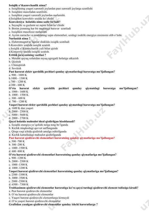 ik barqarorlik c. mexanik jixatdan bikirlik d. o’tga chidamlilik o’tga chidamli materiallarning ishchi haroratlarda tok o’tkazmasligiga yoki kam miqdorda tok o’tkazishga qo’yiladigan talab qanday ataladi? a. kichik tok o’tkazuvchanlik b. mexanik jixatdan bikirlik c. kimyoviy jixatdan neytrallik d. termik barqarorlik o’tga chidamli materiallarning pech kamerasi devorlarini (futerovk1a) xaddan ziyod oshirmay issiqlik energiyasi yo’qolishini kamaytirishga qo’yilgan talab qanday ataladi? a. kichik issiqlik o’tkazuvchanlik b. kichik tok o’tkazuvchanlik c.kimyoviy jixatdan neytrallik d. termik barqarorlik o’tga chidamli materiallar quyidagi haroratlarning qaysi biriga mo’ljallangan ? a. 1580-1770k b. 1500 - 1600 k c.1500 k dan kichik d. 1000 k dan yuqori o’ta yuqori darajada o’tga chidmli materiallar quyidagi haroratlarning qaysi biriga mo’ljallangan? a. 2000 k dan yuqori b. 1000 k dan yuqori c. 1500 k dan yuqori d. 5000 k dan yuqori yuqori darajada o’tga chidamli materiallar quyidagi haroratlarning qaysi biriga mo’ljallangan ? a. 1770 - 2000 k b. 1770 - 3000 k c. …
