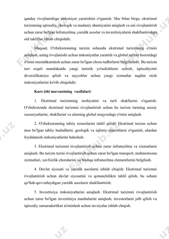 o'zbekistonda yangi ekstremal turizm turlarni joriy etish takliflari. o'zbekiston o'zining noyob tabiati va turli geologik xususiyatlari bilan ekstrimal turizmni rivojlantirish uchun katta imkoniyatlarga ega. ekstremal turizm nafaqat sayyohlarni mamlakatga jalb qilish, balki mamlakatning turizm sektorini diversifikatsiya qilish, iqtisodiyotni rivojlantirish va mahalliy xalqlarni ish bilan ta'minlash uchun ham muhim ahamiyatga ega. quyidagi yangi ekstremal turizm turlarini o'zbekistonda joriy etish taklif etiladi: alpinizm va tog‘li sayohatlar. o'zbekistonda alpinizm va tog‘li sayohatlar uchun juda ko‘plab mos hududlar mavjud. nurata va tian shan tog‘lari, pamyir tog‘larining ba'zi qismida, shuningdek, qashqadaryo va samarqand viloyatlaridagi tog‘larda alpinizm va tog‘li sayohatlarni rivojlantirish mumkin. bu turlarni joriy etish orqali tog‘li hududlarning turizm salohiyatini oshirish mumkin. sahro sayohatlari va qumtepalar safarlari. o'zbekistonning cho'l hududlari, xususan, qizilqum va kyzylkum cho'llarida sahro sayohatlarini tashkil etish mumkin. bu turdagi sayohatlar sayyohlarni qumtepalar bo‘ylab yurishga, off-road avtomobillari bilan sayohat qilishga yoki kamel turizmiga jalb qiladi. sahro safarlarini ekstrimal turizm sifatida joriy etish o'zbekistonning …