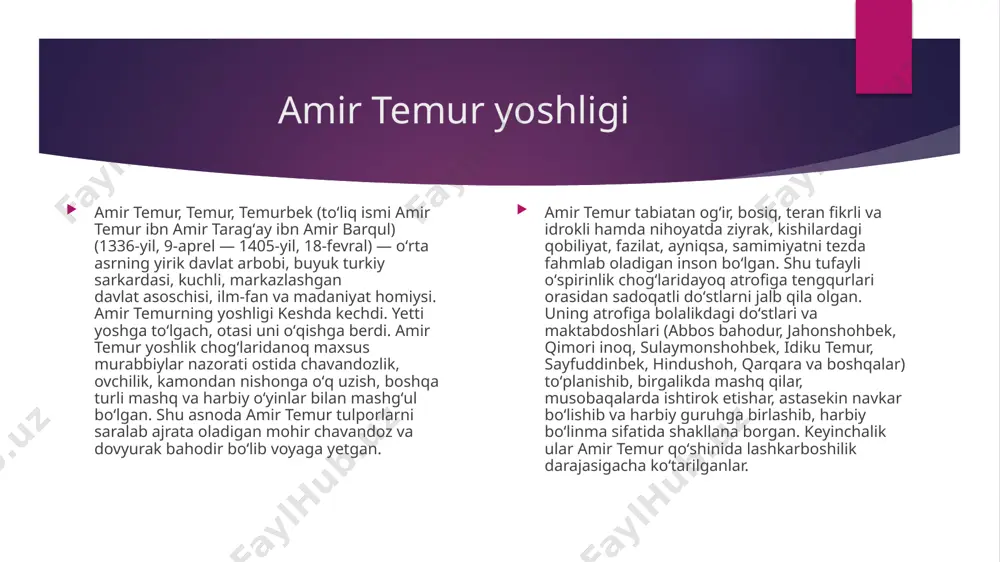 emurning yana uchta ukasi bor edi: djuki, olim shayx va suyurgʻatmish. temurning bitta amakisi bor edi, uning ismi bolta edi.[ farzandlari to’ng’ich o’g’li – 1356 yilda turmish oqa degan xotinidan tug’ilgan jahongir mirzo, valiahd edi. 1376 yilda avji gurkirab turgan yigirma yoshida betoblikdan dunyodan ko’z yumdi. undan ikki o’g’il – muhammad sulton bilan pir muhammad jahongirlar qolganlar. ikkinchi o’g’il – 1356 yilda to’lun oqa degan ma’shuqasi (kanizagi)dan tug’ilgan umarshayx mirzo. 1394 yilda halok bo’lgan. o’ttiz sakkiz yil umr ko’rgan. oltin o’g’il qolgan: pir muhammad mirzo, rustam mirzo, iskandar mirzo, ahmad mirzo, sayid ahmad mirzo, boyqaro mirzo. uchinchi o’g’il – 1366 yilda mengli bika oqa degan ma’shuqasidan tug’ilgan mironshoh mirzo. 1408 yilda halok bo’lgan. qirq ikki yil umr ko’rgan. oltin o’g’il qolgan: abu bakr mirzo, umar mirzo, xalil sulton mirzo, sulton muhammad mirzo, iyjal mirzo, suyurg’atmish mirzo. to’rtinchi o’g’il – 1377 yilda tag’oy turkon oqa degan ma’shuqasidan tug’ilgan shohruh mirzo. 1447 …