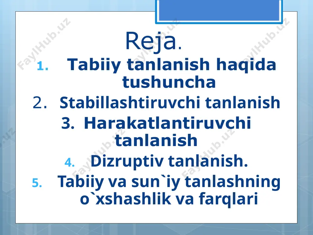 rilganida, nafas yetishmasligi, xushdan ketish holatlari va tog` kasalligi ro`y beradi. savol. tog`li hududlarda yashovchi odam organizmida qanday moslanish shakllangan simptom. dizruptiv tanlanish bu-? amaliy ko`nikma. misol? test o'zgargan muhitda organizmlarning yangi belgi xossalari hosil bo'lishi va rivojlanishini ta'minlaydigan tabiiy tanlanish qanday nomlanadi? dizruptiv stabillashtiruvchi harakatlantiruvchi divergent qiyosiy tahlil cho`l o`simliklari o`z tanasida cho`l muhitiga, ya`ni suvsizlikka bir qancha moslanishlar hosil qilgan. masalan, ildizi uzun, barglari kichraygan, tikanga aylangan, tanasida ko`p miqdorda suv saqlaydi va hakazo. savol . cho`l muhitida yashovchi hayvonlarda qanday moslanishlar vujudga kelgan? simptom yashash uchun kurash bu-? amaliy ko`nikma misol uyga vazifa: o`tilgan mavzuni o`qib kelish va yangi mavzuga tayyorgarlik ko`rish. i-guruh. morfologik moslanishlar va ularning turlari ii- guruh. fiziologik va etologik moslanishlar iii- guruh. o`simliklar olamidagi moslanishlar iv-guruh. moslanishlarning kelib chiqishi v- guruh. moslanishlarning nisbiyligini o`qib kelish e`tiboringiz uchun rahmat ! audio1.wav image2.emf image3.emf image4.emf image5.emf image6.jpeg image7.emf image8.emf image9.emf image10.png image11.png image12.emf /docprops/thumbnail.jpeg