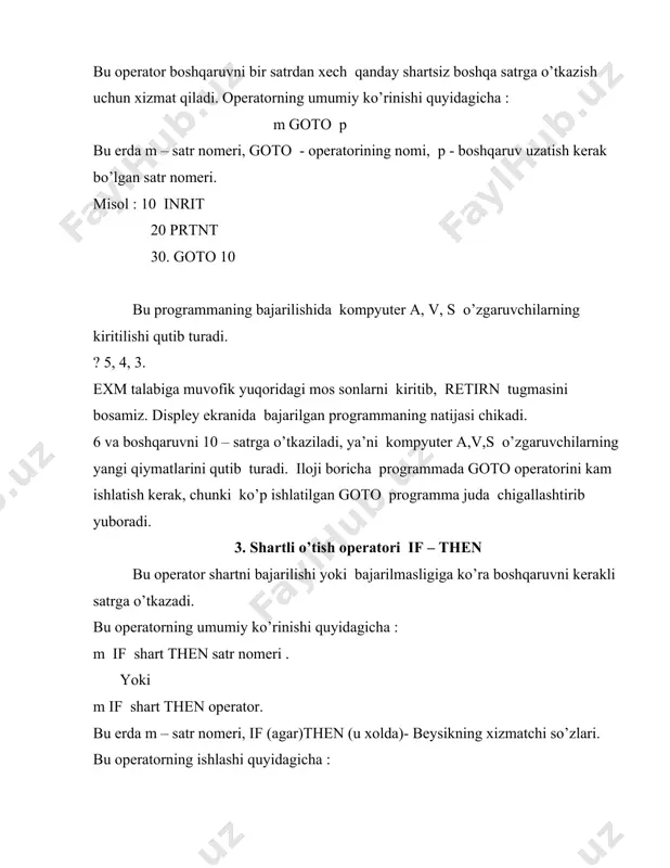 ariladi. bundan tashqari then yordamchi so’z o’rniga goto yordamchi so’zni ishlatilishi mumkin. beysikda yuqorida qurilgan munosabat shartlaridan tashqari qo’shimcha and (va ), or (yoki), not (emas) yordamchi so’zlardan tuzilgan shartlarni ham ishlatish mumkin. misol 10 if x+u =0 then 80 20 if z=a*a then 80 30 if s= 10 then 80 bu operator quyidagi operatorlarga teng kuchli : 20 if x+u =o or z=a*a or s=10 then 80 shuni ta’xkidlab o’tish keraki, agar tekshirilayotgan shartlar ko’p bo’lsa, ular chapdan o’ngga qarab tekshirilib boriladi. avvalo x+u =o or z=a*a juft satrlari tekshiriladi. so’ngra bu shartlar natijasi bilan keyingi shart tekshiriladi. 4.tsikl operatori for – next. tsikl programmaning shunday bir qismiki, u programma badjarilishi jarayonida bir necha marta takrorlanadi. for – next operatorlari esa shunday tsikllarni tashkil qilish uchun muljallangan bo’lib ular programma tuzishda ko’p qulayliklarni yaratadi. for operatorini tsikl sarlavxasi operatori deb ataladi. bu operatorning umumiy ko’rinishi quyidagicha : m for …