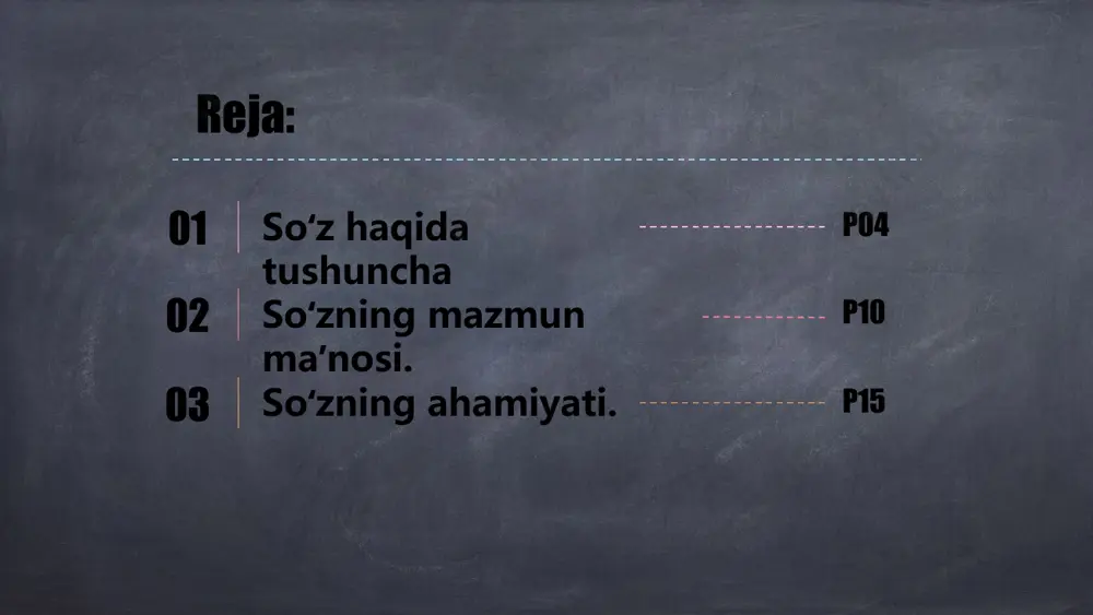 soʻz shaklini hosil qilish uchun foydalaniladigan morfemalardan farqlanuvchi til birliklari ham „soʻz “ deb yuritiladi. bular yordamchi soʻzlar (bilan, lekin, kabi, xuddi), undovlar (obbo, ehhe, voy), taqlid soʻzlar (miyov, dukurdukur, yaltyult) va modal soʻzlar (shubhasiz, demak, ehtimol)dir. soʻzning mazmun maʼnosi 02 9 soʻzning mazmun maʼnosi 02 so'zning mazmun mohiyati haqida sa'diy "aqllimisan yoki ahmoq kattamisan yoki kichik buni bir so'z aytmaguncha bila olmaymiz" degan edi. xalqimizda shunday ibratli ibora bor "inson aql farosati uning nutqining aniqligida namoyon bo'ladi". 10 add title soʻzning mazmun maʼnosi 02 noverbal kommunikasiya vositalariga yuz ifodasi, mimika,ohang, pauza, poza (holat), ko'z yosh, kulgu va boshqalar kiradi.bu vositalar verbal kommunikasiya - so'zni to'ldiradi, kuchaytiradi va ba'zan uning o'rnini bosadi. bolgarlarda boshni qimirlatish yo'q degani, ruslarniki teskarisi bo'ladi. 11 soʻzning mazmun maʼnosi 02 axborotni so'z bilan bayon etishning mazmuni va maqsadiga noverbal kommunikasiya vositalarining mos kelishi muomala madaniyatining bir turidir. 12 soʻzning mazmun maʼnosi 02 tadqiqotlar shuni ko'rsatadiki, …