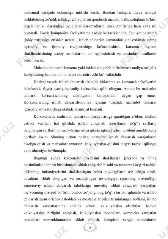 i iqtisodiy ko‘rsatkichiga alohida ahamiyat beriladi. korxonalarda mahsulot tannarxini pasaytirishga qaratilgan e’tibor, muhim ustivor vazifani hal qilishda ishlab chiqarish resurslarini to‘g‘ri sarflash, belgilangan sarflash normativlariga rioya qilish, iqtisod qilish tartibini amalda keng qo‘llash lozim. shuning uchun hozirgi sharoitda ishlab chiqarish xarajatlarini hisobga olish va mahsulot tannarxini kalkulyatsiya qilishni to‘g‘ri tashkil qilishga katta ahamiyat berilmoqda. bugungi kunda korxonalar foydasini shakllanish jarayoni va uning taqsimlanishi har bir birlashmada ishlab chiqarish hisobi va tannarxni to‘g‘ri tashkil qilishning imkoniyatlarini shakllantirgan holda quyidagilarni o‘z ichiga oladi: avvaldan ishlab chiqilgan va tasdiqlangan texnologiya rejasining mavjudligi, zamonaviy ishlab chiqarish talablariga muvofiq ishlab chiqarish xarajatlari me’yorining mavjud bo‘lishi, ombor xo‘jaligining to‘g‘ri tashkil qilinishi va ishlab chiqarish zarur o‘lchov asboblari va moslamalar bilan ta’minlangan bo‘lishi, ishlab chiqarish xarajatlarining analitik schoti, kalkulyatsiya ob’ektlari hamda kalkulyatsiya birligini aniqlash, kalkulyatsiya moddalari, kompleks xarajatlar moddalari nomenklaturasini ishlab chiqish, kompleks xarajat moddalarini kalkulyatsiya ob’ektlari o‘rtasida taqsimlash usulini tanlash muhim hisoblanadi.ushbu holat mamlakatimiz hududida mahalliylashtirish …