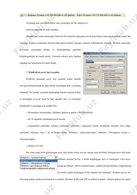 yhati hosil bo‘ladi. ihtiyoriy disk tanlansa ushbu diskning qaysi katalogi joriy holatda faol bo‘lsa, o‘sha katalog ichidagi mavjud fayl va kataloglar «fayllar va kataloglar ro‘yhati» oynasida hosil bo‘ladi. bu ishni tezkor tugmalar yordamida ham bajarish mumkin, buning uchun ctrl+d tugmalar kombinatsiyasidan foydalanish lozim. «vibrat papki» bo‘limi yordamida kataloglarni daraxt ko‘rinishida varaqlovchi sistema oynasini ochish va u yordamida kerakli katalogni tanlash mumkin. buni ctrl+t tugmalar kombinatsiyasi yordamida ham bajarish mumkin. «parol» bo‘limi yordamida yangi hosil qilinayotgan arxivga parol’ so‘z o‘rnatish mumkin. bu bo‘limni tanlaganda parol kiritish oynasi hosil bo‘ladi. parol kiritish oynasida ikkita kiritish satri mavjud bo‘lib, birinchisi yangi parolni kiritish, ikkinchisi esa kiritilgan parol to‘g‘ri kiritilganligini tasdiqlash uchun qayta kiritishga hizmat qiladi. agar parol kiritishda uning ko‘rinishi maxfiy bo‘lishi shart bo‘lmasa (masalan, foydalanuvchi o‘zi yolg‘iz bo‘lsa yoki shunga o‘hshash holatlar), u holda «otobrajat parol pri vvode» tanlash bayroqchasini belgilash lozim. bu holatda ikkinchi satr muhim bo‘lmaydi, shuning uchun bu satr …