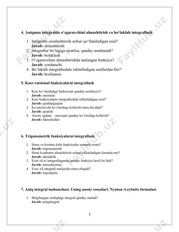 ksiyalarning limitga moslashuv darajasi nima deyiladi? javob: uyg‘unlashuv 12. differensial tenglamalar 1. hosila ishtirok etadigan tenglama? javob: differensial 2. faqat birinchi hosilani o‘z ichiga olgan tenglama? javob: birinchitarteb 3. ajratiladigan ko‘rinishdagi tenglamalar qanday ataladi? javob: ajraluvchi 4. $y/x$ shaklida ifodalanuvchi bir jinsli tenglama turi? javob: birjinsli 13. chiziqli, bernulli, to‘liq differensial tenglamalar 1. $y'$ ning koeffitsienti funksiyaga bog‘liq bo‘lmagan tenglama? javob: chiziqli 2. $y^n$ ko‘rinishidagi noma’lum ishtirok etuvchi tenglama turi? javob: bernulli 3. to‘liq differensial tenglamada bajarilishi kerak bo‘lgan shart? javob: exactshart 4. to‘liq differensial tenglama umumiy yechimning mavjudligi uchun nima bo‘lishi kerak? javob: potensialfun 14. hodisalar va ularning ehtimollari. hodisalarning erkli bo‘lishi 1. ehtimol nazariyasining asosiy birligi? javob: hodisa 2. ikkita hodisaning bir-biriga bog‘liq emasligi? javob: erklihodisa 3. biror hodisaning ro‘y berish ehtimoli nolga teng bo‘lsa? javob: mumkinemas 4. har xil natijalardan iborat to‘liq to‘plam nima? javob: ehtimolto‘plam 15. tasodifiy miqdorlar, taqsimot qonunlari, matematik statistika 1. o‘zgaruvchan qiymatli natija …