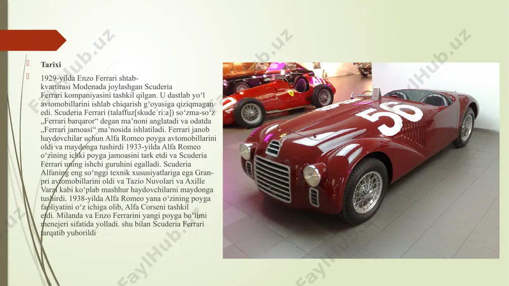 kuchli global ishtirokga ega. ular hashamatli va yuqori unumdorlikdagi transport vositalarini qidiradigan badavlat avtomobil ixlosmandlariga xizmat qiladi. ferrarining 2013-yildan 2022-yilgacha bo'lgan global sof daromadi (million yevroda) ferrari kompaniyasi boshqaruv tizimi 1. etakchilik va egalik: - ferrari ochiq kompaniya, ammo agnelli oilasi o'zlarining exor n.v xolding kompaniyasi orqali kompaniyaning 30% dan ortiq nazorat paketiga ega. - ferrari bosh direktori odatda agnelli oilasining a'zosi yoki ular bilan yaqindan aloqador bo'lgan kishi bo'lib, asosiy strategik qarorlar ustidan oilaviy nazoratni ta'minlaydi. 2. tashkiliy tuzilma: - ferrari muhandislik, ishlab chiqarish, marketing va moliya kabi bo'limlarga ega funktsional tashkiliy tuzilmaga ega. - shuningdek, vertikal integratsiyaga katta e'tibor qaratilmoqda, ferrari o'zining ko'plab asosiy yetkazib beruvchilariga egalik qiladi va butun ishlab chiqarish jarayoni ustidan qattiq nazoratni saqlab turadi. 3. qaror qabul qilish jarayoni: - yangi modelni ishlab chiqish, ishlab chiqarish maqsadlari va marketing kampaniyalari kabi asosiy strategik qarorlar bosh direktor boshchiligidagi va turli bo'lim rahbarlarini o'z ichiga olgan …
