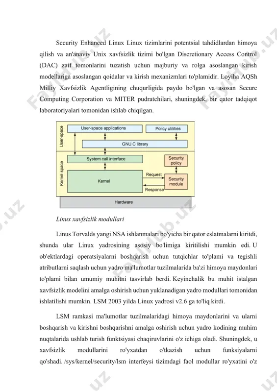 eng mashhur tarqatishlarning bir qismiga aylandi: redhat enterprise linux, fedora, debian, ubuntu. lug'at · identifikator - selinux foydalanuvchi identifikatori odatdagi unix/linux foydalanuvchi identifikatori bilan bir xil emas, ular bir tizimda birga yashashi mumkin, lekin tabiatan butunlay boshqacha. har bir standart linux hisob qaydnomasi selinux-da bir yoki bir nechtasiga mos kelishi mumkin. selinux identifikatori umumiy xavfsizlik kontekstining bir qismi boʻlib, qaysi domenlarga qoʻshilishingiz va qoʻshilmasligingizni belgilaydi. · domenlar - selinux-da domen sub'ektning, ya'ni jarayonning bajarilishi kontekstidir. domen jarayonning kirish huquqini bevosita belgilaydi. domen asosan qanday jarayonlar amalga oshirishi mumkinligi yoki jarayon turli xil turlari bilan qanday harakatlar qilishi mumkinligi ro'yxatidir. domenlarga ba'zi misollar tizim boshqaruvi uchun sysadm_t va foydalanuvchi_t oddiy imtiyozsiz foydalanuvchi domenidir. init tizimi init_t domenida ishlaydi va nomlangan jarayon name_t domenida ishlaydi. · rollar - domenlar va selinux foydalanuvchilari o'rtasida vositachi bo'lib xizmat qiladi. rollar foydalanuvchi qaysi domenlarga tegishli bo'lishi mumkinligini va foydalanuvchi qanday turdagi ob'ektlarga kirishi mumkinligini belgilaydi. …