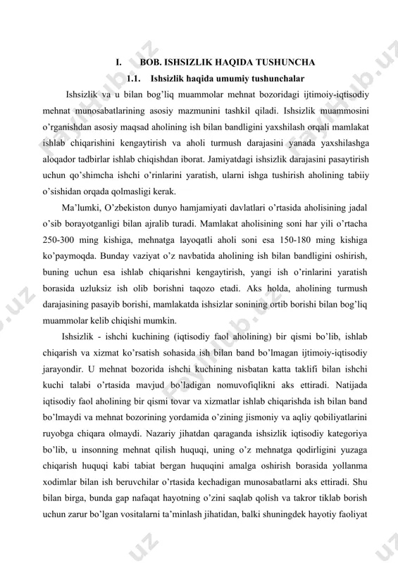 rlashdan o’tishga, malakasini oshirishga tayyor mehnatga qobiliyatli shaxslar e’tirof etiladi. ishsiz shaxs deb e’tirof etish uchun quyidagi to’rt shart mavjud bo’lishi lozim. birinchi shart – fuqaro mehnatga qobiliyatli bo’lishi va amaldagi qonun hujjatlariga binoan pensiya ta’minoti huquqiga ega bo’lmasligi kerak. huquqiy jihatdan mehnat qilish qobiliyatining quyi darajasi, mehnat kodeksining 77-moddasiga muvofiq 16 yosh deb belgilangan. shuni alohida ta’kidlab o’tish joizki, mehnat kodeksining ushbu moddasiga muvofiq tegishli shartlarga rioya etilgan holda 15 yoki 14 yoshga to’lgan yoshlarni ham ishga qabul qilishga yo’l qo’yilsa-da, ular ishga layoqatli shaxs deb e’tirof etilishlari mumkin emas. ikkinchi shart – fuqaro ishga va ish haqiga (mehnat daromadiga) ega bo’lmasligi lozim. agar, fuqaro asosiy ishini yo’qotgan (masalan, shtatlar qisqarishi munosabati bilan bo’shatilgan), lekin o’rindoshlik asosida boshqa korxonada ishlayotgan bo’lsa, bunda u ish bilan band bo’lgan deb hisoblanadi. nafaqalar, alimentlar, qimmatli qog’ozlar bo’yicha olingan dividendlar, banklarga qo’yilgan mablag’larga hisoblangan foizlar ish haqiga (mehnat daromadi) kirmaydi. xuddi shunday pensiya …