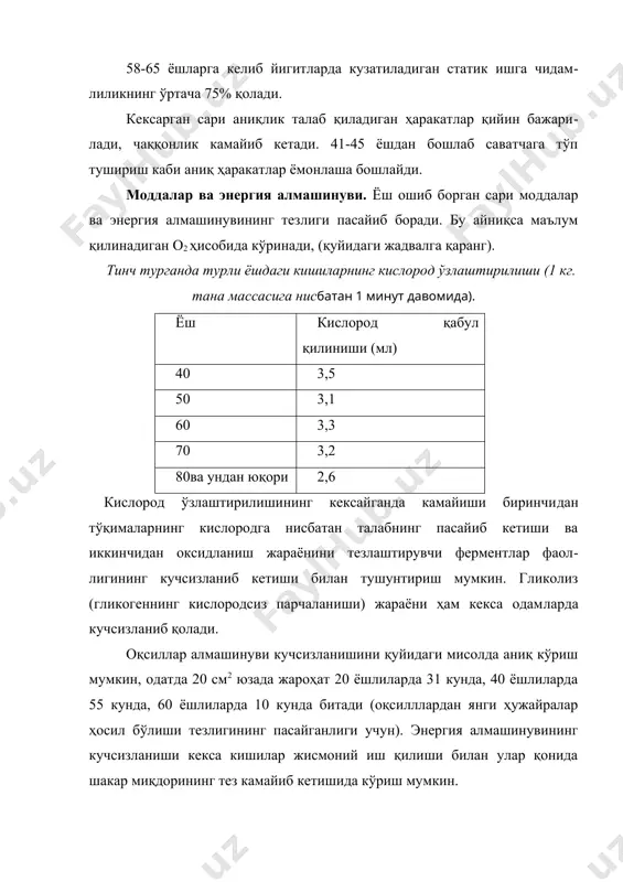 вчанлик, ўтказувчанлик қисқарувчанлик пасаяди, юрак мускулларидаги митохондриялар ва уларнинг оксидлантириш хусусиятлари кучсизланади. яна юрак мус​кулларида гликоген захираси ва атф ва креатинфосфот каби энергияга бой бирикмаларнинг янгиланиб туриши қийинлашиб қолади. юрак уриш частотаси камаяди, юракнинг систолик ва минутлик ҳажми озаяди. кекса кишиларда ўрта ёшли одамларга қараганда юракнинг систолик ҳажми 23 %, минутлик ҳажми эга 24 % камаяди. қуйидаги жадвалда турли ёшли кишиларда систолик ва диастолик босим ҳақда маълумот келтирилган. ҳар хил ёшдаги соғлом одамларда артериал қон босими (мм. симоб устуни) ёш систолик босим диастолик босим 30 – 32 121 72 42 – 44 122 75 51 – 53 126 75 60 – 67 133 77 68 – 69 136 78 хулоса қилиб айтганда организмнинг кексайиб бориши билан юрак қон-томирлари тизимининг функционал ҳолати пасайиб кетаве​ради. шунинг учун ҳам бу ёшда жисмоний юкламанинг меъёридан кўп берилиши анча хавфли ҳисобланади. урта ёшли ва кекса кишилар организмига жисмоний машқ қилишнинг таъсири меъёрий жисмоний юклама бажариб …