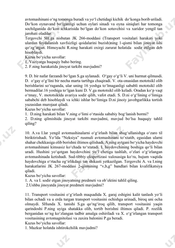 asida bir tomondan aka-uka ch. va s., ikkinchi tomondan uy egasi y. o‘rtasida janjal chiqdi. janjal vaqtida ch. va y. urishib, yoqalashib ketadilar. s. qo‘liga elektr dazmolni oladi. shu vaqtda elektr chiroq uchib qoladi va xonada hech narsa ko‘rinmay qoladi. s. y. deb o‘ylab, akasi ch.ning boshiga bir necha marta dazmol bilan uradi. ch. voqea joyida vafot etadi. tergovchi s.ning harakatini jk qasddan odam o`ldirish jinoyati bilan kvalifikasiya qilgan. himoyachi esa s.ning harakatini jk ehtiyotsizdan odam o`ldirish jinoyati bilan kvalifikasiya qilish kerak deb hisoblaydi. kazus bo‘yicha savollar: 1. s.ning qilmishidagi jinoyat sub’ektiv tomoni fakultativ belgilari mavjudmi? 2. s.ning qilmishidagi jinoyat sub’ektiv tomoni zaruriy belgilari mavjud bo‘lsa uni tahlil qiling. 3. faktik xatolar haqida malumot bering va ularni kazus bo`yicha tahlil qiling. 7. bir guruh shaxslar sodir qilgan bezorilik jinoyat ishi tergov qilinayotgan vaqtda guvoh x. ayblanuvchi b. mazkur harakatda qatnashmaganligini, bu vaqtda b. u bilan birga uning uyida televizorda futbol …