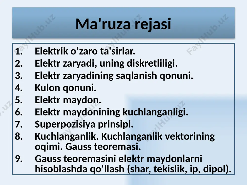 itdagi ikkita elektr zaryad orasidagi o'zaro ta'sir kuchi vakuumdagidan necha marta kamligini ko'rsatadi. muhitning dielektrik singdiruvchanligi -ε izotrop muhitda kulon qonuni nuqtaviy boʻlmagan, zaryadlangan jismlar dq1 va dq2 elementar zaryadlarga ajratiladi va ular uchun kulon qonuni differensial koʻrinishda yoziladi: ikkita zaryadlangan makroskopik jismning toʻla oʻzaro ta'sir kuchi vektor koʻrinishda 9 zaryadlangan jism bir vaqtda bir necha zaryadlangan jismlar bilan oʻzaro ta'sirlashgan holda shu jismga ta'sir qiluvchi natijaviy kuch barcha zaryadlangan jismlarning shu jismga ta'sir kuchlarining vektor yigʻindisiga tengdir kulon kuchlarining superpozitsiya tamoyili 10 e- fizik vektor kattalik hisoblanib, elektr maydonida qo’zg’almas nuqtaviy zaryadga ta’sir etuvchi kuch bilan harakterlanadi elektr maydonining kuchlanganligi kuchlanganlik – maydonning kuch koʻrsatkichidir, r masofada q nuqtaviy zaryadni xosil qilgan elektr maydonining ixtiyoriy nuqtaviy zaryadga ta'sir etuvchi kuchi bilan aniqlanadi. elektr maydonining kuchlanganligi elektr maydonining qandaydir nuqtasida e kuchlanganlik – shu nuqtaga joylashtirilgan sinovchi birlik musbat zaryadga ta'sir etuvchi kuchga miqdor jihatdan teng boʻlgan fizik kattalikdir va …