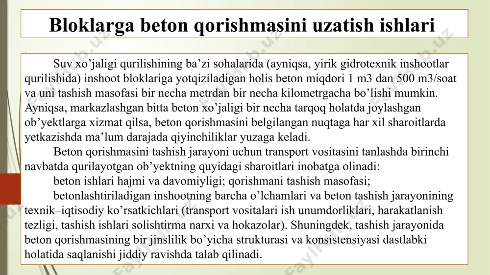 hi mumkin. lentali tarnsportyorlar bir necha zvenolardan tashkil topishi mumkin va har bir zveno uzunligi 40, 80 m, xatto 240 m gacha etishi mumkin. bunday transport vositalari tizimiga magistral, tarqatuvchi transportyorlar, va tayanch estakadalar, bunkerlar, xobotlar va boshqa qurilmalar kirishi mumkin. lentali transportyorlar uzluksiz ishlagani bois ularning ish unumdorliklari ancha yuqori bo’ladi. lentalar harakatlanish tezligi 1 m/s dan kam bo’lishi tavsiya qilinadi, chunki undan yuqori bo’lsa, beton qorishmasi strukturasi buzilishiga olib kelishi mumkin. bloklarga beton qorishmasini uzatish ishlari bloklarga beton qorishmasini uzatish ishlarini qurilmalar, moslamalar va maxsus mashinalar qo'llash o’ta murakkab sharoitlarda kranlar va lentali transportyorlar qo’llanilish imkoniyati bo’lmagan holatlarda beton nasoslar yoki pnevmatik transport vositalari qo’llanilishi mumkin. (1-rasm) beton nasoslar yordamida beton qorishmasini vertikal yo’nalish bo’yicha 50 m gacha, gorizontal yunalishda 400 m masofagacha tashish mumkin. beton nasosning asosiy ishchi organi beton qorishmasi xaydaladigan quvur bo’lib, uzunligi 0,3–1,5 m bo’lgan zvenolardan tashkil topadi. beton nasoslar transport vositasi sifatida quyidagi …