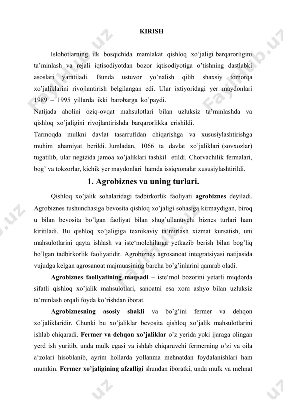 i. fermer xo’jaliklarini rivojlantirishni rag’batlantirish uchun ham huquqiy, ham tashkiliy shart-sharoitlar yaratildi. buning natijasida 2007 yilda respublikada fermer xo’jaliklarini soni 185492ta bo’lgan bo’lsa, 2009 yilda 220, 1taga yetdi. qashqadaryo viloyatda 33447tani tashkil qildi. fermer xo’jaliklarini qishloq xo’jalik foydalanishidagi yerlar maydoni 4881,9 ming gektardan ko’proqni tashkil qilib, bir xo’jalik ixtiyoridagi yer maydoni 26,3 gektarga, har bir kishiga 3,49 gektarni tashkil etadi. o’zbekistonda xo’jalik toifalari bo’yicha yalpi qishloq xo’jalik mahsulotlarining ishlab chiqarilishini chizmada tasvirlash mumkin. t/r xo’jaliklar yillar 2013 2014 2015 2016 2017 2018 1 qishloq xo’jalik korxonalari 2,4 2,4 2,4 2,3 2,3 2,8 2 dehqon xo’jaliklari 65,5 67,5 66,9 68,0 68,4 71,2 3 fermer xo’jaliklari 32,1 30,1 30,7 29,7 29,3 26,0 o’zbekistonda xo’jalik toifalari bo’yicha yalpi qishloq xo’jalik mahsulotlarining ishlab chiqarilishi (ulushi), foiz hisobida. · qishloq xo’jalik korxonalari · dehqon xo’jaliklari · fermer xo’jaliklarini ulushi, % hisobida respublikada fermer xo’jaliklari samarali ishlash uchun zarur xizmat ko’rsatuvchi infratuzilma – agrofirmalar, mashina-traktor parklari, …