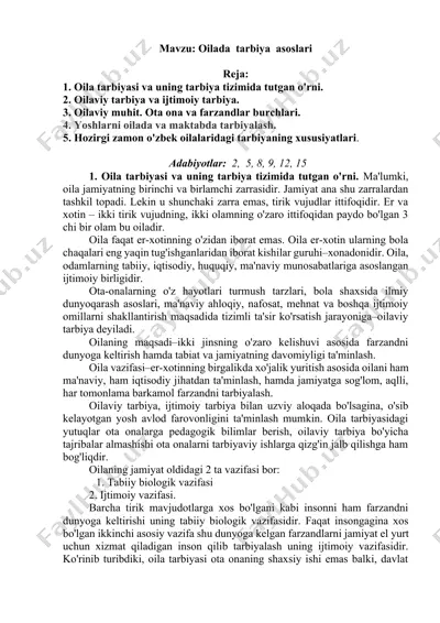 oila tarbiyasi va uning tarbiya tizimida tutgan o'rni — DOCX