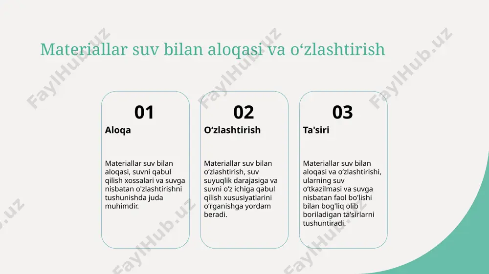 ma'lumotlar bilan materiallar suv bilan muntazam ta'sirini tushunishga yordam beradi. keyinchalik o'rganilishi kerak bo'lgan ma'lumotlar suvga nisbatan o'zgarishlarni chuqurroq tushuntiradi. materiallar suv bilan reaksiya chiziqlik va suvga nisbatan o'zgarishlarni o'rganishga yordam beradi. e'tiboringiz uchun rahmat! image1.jpg image2.jpg image3.jpg image4.jpg image5.jpg /docprops/thumbnail.jpeg