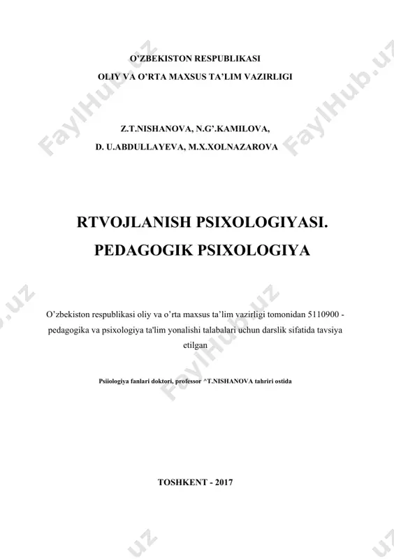 разного возраста, их умственное развитие и формированйе личности, а также даются информации об особенностях развития и познавательных процессов и общительности. имеются главы посвященные психологии обучения и воспитания. в главе психология образования раскрыты содержание учебной деятельности, компоненты усвоения знаний, нестандартные методы образования, подробно расписаны инструкции по руководству психологии учебной деятельности. в главе психология воспитания даны психологические механизмы повышения эффективности воспитания, психология трудных детей, содержание и значение психологии воспитания в условиях независимости республики узбекистан. в учебнике подробно раскрываются психология учителя, место учителя в обществе, свойства характерные профессии учителя, педагогические особенности, в то же время даны психологические возможности и условия самообразования учителя. для самопроверки полученных знаний студентам даются контрольные тесты. учебник anketa matni 1. bolaning ismi, sharifi, familiyasi, tug’ilgan yili. 2. bolaning kattalar bilan muloqatchanligi: a) yuqori; b) o’rtacha; v) juda odamovi. 3. bolalar bilan muloqotchanligi: a) juda muloqotchan, ko’pincha o’zi yolg’iz emas, boshqa bolalar bilan o’3tiaslmi yaxshi ko’radi; b) unchalik muloqotchan emas, …