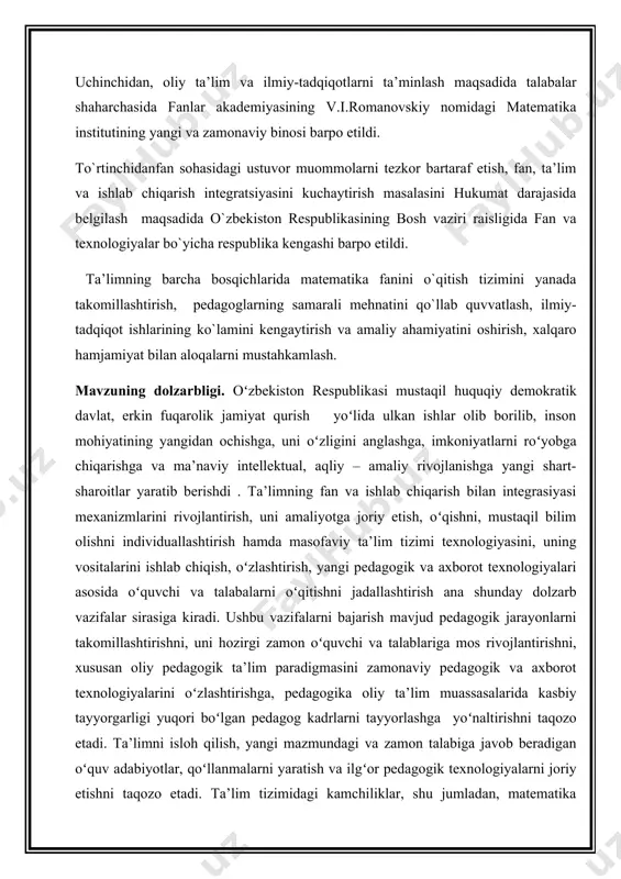 giyalardan foydalangan holda mavzuni oʻqitish metodikasini ishlab chiqish. oliy ta’lim muassasalarida differensial tenglama doir masalalar yechish metodikasini ishlab chiqish. kurs ishining tuzilishi. kurs ishi kirish, mavzu bo’yicha 3 ta reja, xulosa, foydalanilgan adabiyotlar roʻyxati hamda ilovadan iborat. 1.1.tartibini pasaytirish mumkin bo’lgan differensial tenglamalar n-tartibli differensial tenglamani simvolik ravishda f(x,y , y’..... yn-1 ,yn ) =0 (1) ko’rinishda yoki bu tenglamani n-tartibli hosilaga nisbatan yechib bo’lsa, уn= (x,y , y’..... yn-1 ) (2) ko ’rinishda yozish mumkin.n-tartibli differensial tenglamaning umumiy yechimi x ga va n-ta ixtiyoriy o ’zgarmaslarga bog’liq bo’ladi: у = g ( x ,c 1 ,c2,...cn). shu sababli umumiy yechimdan xususiy yechimni ajratib olish uchun ixtiyoriy o ’zgarmaslarni aniqlashga imkon beradigan ba’zi qo’shimcha shartlar ham berilgan bo’lishi kerak. bu shartlami izlanayotgan funksiyaning va uning (n-1) -tartibgacha (y ham kiradi) barcha hosilalaming biror nuqtadagi qiymatlarini, ya’ni x=xo da у(хo) = уo, y'(xo) = y 1,...,yn-1)(xo) = yn-1 (3) berish bilan …