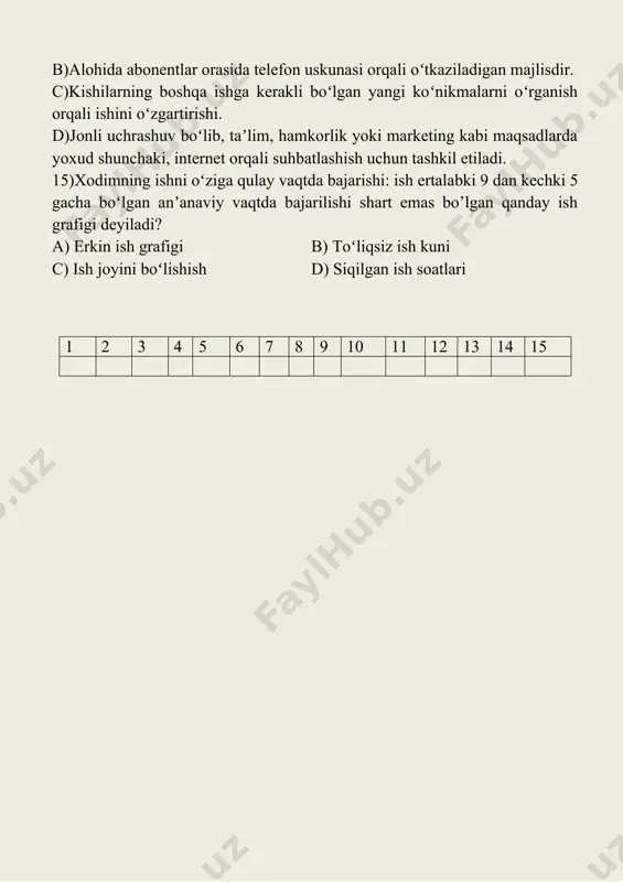 ish 1)_____________ma’lumotlar bazasida saqlangan maʼlumotlarni qoʻshish orqali ularni takrorlash. a) maʼlumotlar takrorlanishi b) birlamchi kalitlar c)maydonlar d) oddiy faylli ma’lumotlar bazasi 2)________________katta jadvalda bir tashkilot haqida yigʻilgan ma’lumotlar. a)oddiy faylli ma’lumotlar bazasi b) maʼlumotlar takrorlanishi b) birlamchi kalitlar c)maydonlar 3) boolean (ikki qiymatli operatorlar) bu? a)maʼlum yozuvlarni chiqarish yoki kiritish uchun maydon nomlarini birlashtirish orqali qidiruvni osonlashtirish uchun ishlatiladigan and, or va not mantiqiy operatorlar. b) maʼlumot turlari c)har bir maydonda boʻlishi mumkin boʻlgan turli maʼlumotlar, masalan, sana/vaqt, matn va boshqalar d)to’g’ri javob yo’q 4) select (tanlash) bu? a) tahrirlash uchun sizda mavjud formalarni tanlaydi. b) foydalanuvchilar matn maʼlumotini kiritishi uchun zarur boʻlgan oʻlchamdagi toʻgʻri toʻrtburchak matn oynasini qo‘shib qo‘yadi. c) formadagi obyektni nomlash uchun ishlatiladi, masalan, maydon “nomi” uchun matn oynasidan keyin yorliq “nomi”ni yozishingiz mumkin. d)to’g’rijsvob berilmagan 5)necha xil ma’lumotlar bazasi mavjud? a)2 b)3 c)4 d)5 6)maqsadli auditpriyaga qiziqlarli bo’lish uchun nimalardsan foydalanish kerak? aimterfaol va multimedia obyektlaridan …