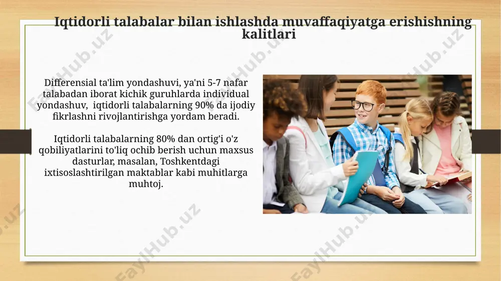 tlari va belgilari iqtidorli talabalar, odatda, o'z yoshidagilariga nisbatan 130 dan yuqori iq ko'rsatkichiga ega bo'lib, murakkab muammolarni hal qilishda yuqori darajada analitik fikrlash qobiliyatini namoyon qilishadi va masalan, singapur matematikasi bo'yicha tezkor yutuqlarga erishadilar. ularning xotirasi ajoyibdir, 7 dan ortiq raqamni ketma-ket eslab qolishlari mumkin, shuningdek, murakkab mavzularni, masalan, fizika qonunlarini tez va chuqur tushunishadi va nyu-york kabi yirik shaharlardagi intellektual musobaqalarda muvaffaqiyat qozonishadi. ta'lim muassasalarida iqtidorli bolalar bilan ishlashning o'ziga xos xususiyatlari andijon viloyatida o'tkazilgan tadqiqotlar shuni tasdiqladiki, iqtidorli bolalarni aniqlashda an'anaviy testlardan tashqari, 5 turdagi ijodkorlik testlarini qo'llash aniqlikni 15% ga oshiradi. toshkentdagi 15-maktab tajribasi shuni ko'rsatadiki, iqtidorli bolalar bilan individual dasturlarni qo'llash, ularning 70% ga yaqinida akademik ko'rsatkichlarning 20% ga oshishiga olib keldi. iqtidorli talabalar uchun maxsus dasturlar samarqanddagi 15 nafar iqtidorli talabani qoʻllab-quvvatlash uchun moliyaviy grantlar dasturi, akademik muvaffaqiyatlarini yanada oshirish uchun individual rejalashtirishni oʻz ichiga oladi. andijon viloyatida 30 dan ziyod iqtidorli bolalar uchun …