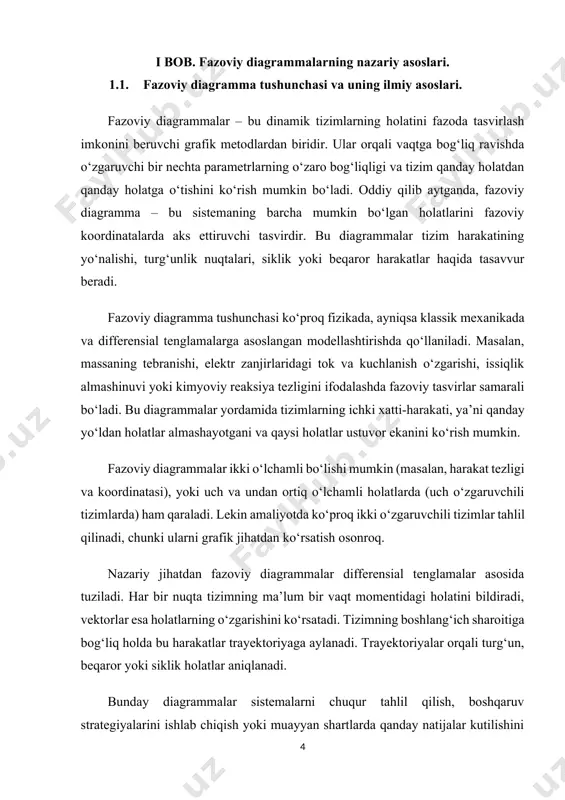 trayektoriya yopiq egri chiziq hosil qiladi, ya’ni siklik (periodik) harakat aniqlanadi. matematik nuqtai nazardan, fazoviy diagrammalar differensial tenglamalar tizimiga asoslanadi. harakat trayektoriyasi bu tenglamalarning yechimi sifatida qaraladi. agar tizimda ikki o‘zgaruvchi bo‘lsa, ularni xxx va yyy deb olaylik, unda trayektoriya (x(t),y(t))(x(t), y(t))(x(t),y(t)) ko‘rinishida vaqtga bog‘liq holda aniqlanadi. grafik jihatdan bu trayektoriya ikki o‘lchamli koordinata sistemasida chiziladi va sistemaning umumiy harakatini aks ettiradi. tadqiqotchilar uchun fazoviy diagrammalar modelni intuitiv tushunishda, matematik analizni grafik ko‘rinishda ko‘rsatishda hamda real tizimlar bilan bog‘liq muammolarni tahlil qilishda qulay vosita hisoblanadi. ayniqsa, murakkab tizimlar – masalan, iqlim o‘zgarishlari, iqtisodiy model, ekotizimlar, yoki avtomatik boshqaruv tizimlari – kabi ko‘p parametrli tizimlarni tahlil qilishda bu metod o‘zining samaradorligini ko‘rsatgan. bugungi kunda bu diagrammalarni yaratish va tahlil qilish uchun ko‘plab dasturiy vositalar mavjud. matlab, python (matplotlib va scipy kutubxonalari orqali), mathematica va boshqa ilmiy dasturlar yordamida fazoviy diagrammalarni tez va aniq chizish mumkin. buning natijasida foydalanuvchi tizimning vaqtga bog‘liq …