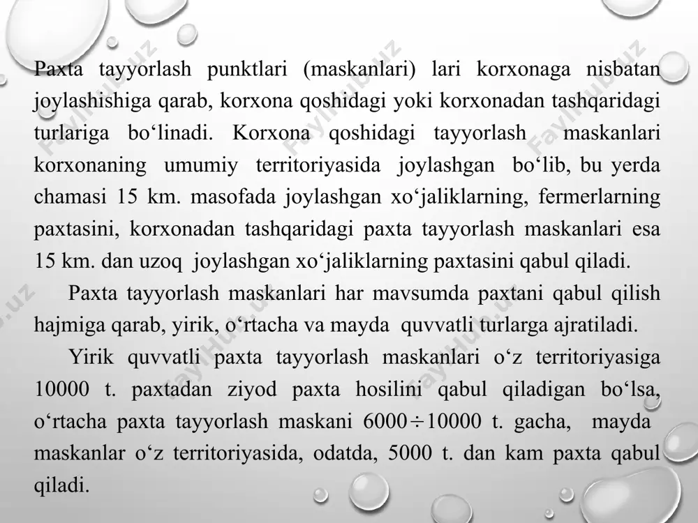 ti, soat. - uskunalarning foydali ishlash koeffitsiyenti. korxonaning doimiy ishlashini ta’minlashga kerakli xom-ashyo (qn) miqdorini quyidagi formula asosida aniqlash mumkin: bu yerda, qt-tola miqdori, bt-tolaning chiqishi. paxta tozalash korxonasida paxta xom ashyosidan olinadigan mahsulotlar image2.png image3.png image4.png image5.png image6.png image7.wmf oleobject1.bin image8.png image1.png q q b n t t = * 100 /docprops/thumbnail.jpeg