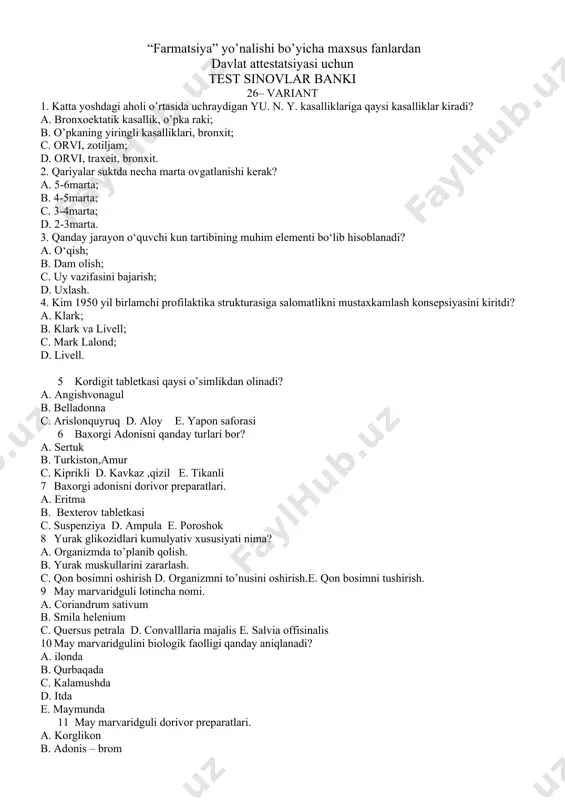 sativum b. smila helenium c. quersus petrala d. convalllaria majalis e. salvia offisinalis 10 mаy mаrvаridgulini biоlоgik fаоlligi qаndаy аniqlаnаdi? а. ilonda b. qurbаqаdа c. kalamushda d. itdа e. maymundа 11 mаy mаrvаridguli dоrivоr prеpаrаtlаri. а. kоrglikоn b. аdоnis – brоm c. askorutin d.kоrdigit e. digаlеn – nео 12 dоri nоmlаri yasаlishidаgi «-tsiklin-» mа’nоli qismini o’zbekchа mаzmunini ko’rsаting ? a istimа pаsаytiruvchi b yurаkkkа tegishli cuyqukeltiruvchi d аntibiоtik 13 dоri nоmlаri yasаlishidаgi «-test-» mа’nоli qismini o’zbekchа mаzmunini ko’rsаting ? a tinchlаntirаdigаn b аndrоgenlаr c siydik hаydоvchi d estrоgenlаr 14. klinik o`limni qanday tushunasiz. a.arteriyadabosimningpasayishi, pul`ssekinlashgan. b.arteriyadabosimningko`tarilgan, pul`stezlashgan. c.yurakvanafasningto`xtashi, moddalaralmashinuvisaqlangan. d.yurakvanafasningto`xtashi, moddalaralmashinuvisaqlanmagan. 15.travmatik shokrivojlanishiga nima sabab bo`ladi. a.ko`pqonyo`qotish. b.kuchli og`riq. c.immobilizasiya. d.og`riqqoldirish. 16. apneo nima.? a.yurakurishiningto`xtashi. b.nafasolishningto`xtashi. c.nafasxarakatlariningtezlashishi. d.siydikajralmasligi. 17 .quyidagi holatlarning qaysi birida reanimasiya tadbirlario`tkazilmaydi. a.qondagaztarkibio`zgarganda. b.elektrdanshikastlanganda. c.kliniko`limko`chadabo`lganda. d.biologiko`limda 18. osh tuzining sutkalikme’yori? a10gr b 2gr с 5gr d 7gr 19 . ovqatlanish xavfsizligi mezonlari ? a)mikrobiologik b)kimyoviy с)fizik d)mikrobiologik. …