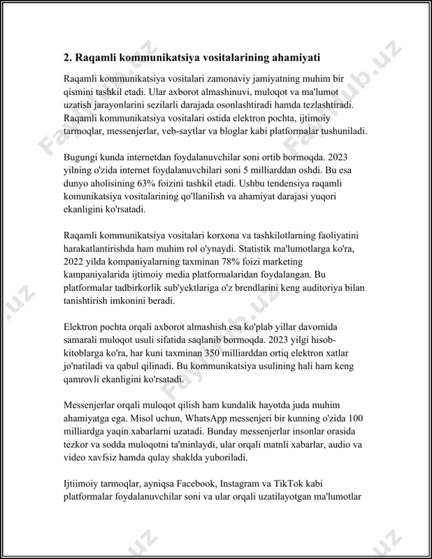 a qo'shma shtatlarida esa bu ko'rsatkich 313 millionga yetadi. internetning qamrovi boshqa ko'plab davlatlarda ham ortib bormoqda. global axborot maydonini shakllantiruvchi muhim omillardan biri internet tezligi va sifati hisoblanadi. global o'rtacha keng polosali internet tezligi 2023-yilda sekundiga 65,5 megabitni tashkil qilgan. janubiy koreya, singapur va norvegiya davlatlari internet tezligi bo'yicha yetakchi hisoblanib, ularda o'rtacha tezlik 100 megabit dan yuqoridir. internet foydalanuvchilari ijtimoiy tarmoqlarda faol qatnashmoqdalar. dunyodagi eng mashhur ijtimoiy tarmoqlardan birinchisi facebook bo'lib, 2023-yilda uning faol foydalanuvchilari soni 2,96 milliardni tashkil etdi. instagram, whatsapp, tiktok kabi platformalar ham katta auditoriyaga ega. misol uchun, whatsapp foydalanuvchilari soni 2,5 milliarddan ortiq, instagram esa 2 milliard foydalanuvchiga ega. internetdan foydalanish imkoniyati yanada kengayib borayotgani bilan axborot xavfsizligi muammolari ham yuzaga kelmoqda. 2023-yilda kiberxavfsizlik bo'yicha global xarajatlar 188 milliard aqsh dollarini tashkil etdi. turli xil kiberhujumlar, jumladan, phishing, zararli dasturlar va ma'lumotlar oʻg'irlanishi kabi tahdidlar korxona hamda shaxsiy foydalanuvchilarga katta ziyon yetkazmoqda. elektron tijorat …