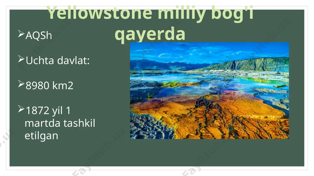 r falls) (eng balandi) va upper fallsdir, ular yellowstone grand canyonida joylashgan bo'lib, bu joy geysherlar, issiq buloqlar va yovvoyi tabiat bilan mashhur bo'lib, parkning asosiy diqqatga sazovor joylaridan biridir. rohat landshaftlar ko’rinish tabiat e'tiboringiz uchun rahmat! image2.bmp image3.png image4.jpeg image5.png image6.jpeg image7.jpeg image8.png image9.png image10.jpeg image11.jpeg image12.png image13.png image14.png image15.png image16.jpeg image17.png image18.jpeg image19.gif image20.jpg image21.jpeg image22.jpeg image23.jpeg image24.jpeg image25.jpeg image26.jpg image27.jpg image28.jpg image29.jpg image30.jpg bighorn clash yellowstone.jpg /docprops/thumbnail.jpeg