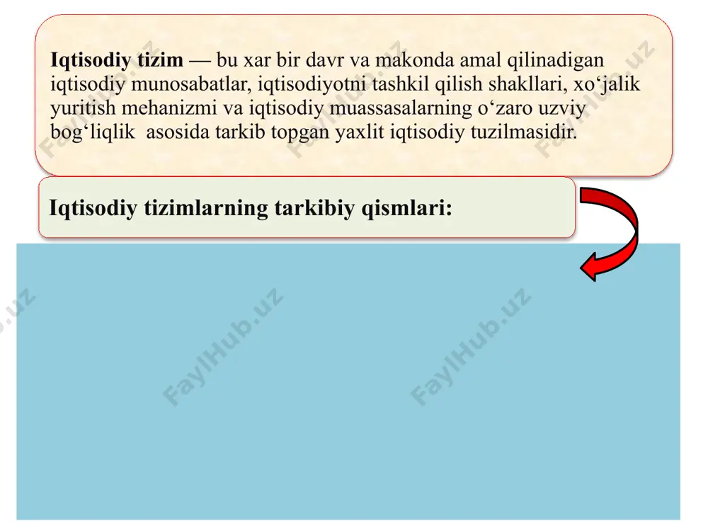 qilish darajasi mikroiqtisodiyot makroiqtisodiyot mezoiqtisodiyot megaiqtisodiyot iqtisodiy tizimlar turkumlanishi turkumlashga yondashuvlar turkumlash mezonlari iqtisodiy tizim turlari iqtisodiy tizim modellari iqtisodiy jarayonlarni boshqarish mexanizmi hamda mulkchilikning ustuvor shakllariga ko‘ra iqtisodiy tizimning bir qator modellari ajratiladi. belgilari buyruqbozlikka asoslangan iqtisodiyot davlat mulki ustuvorlikka ega; iqtisodiy jarayonlar bir markazdan turib boshqariladi va uyg‘unlashtiriladi. bozor iqtisodiyoti xususiy mulk ustuvorlikka ega; iqtisodiy jarayonlar bozor mexanizmi orqali tartibga solinadi. aralash iqtisodiyot mulkchilikning turli-tuman shakllari mavjud bo‘ladi; iqtisodiy jarayonlar bozor mexanizmi bilan birga davlat tomonidan ham tartibga solinadi. an'anaviy iqtisodiyot mulkchilik munosabatlarida merosxo‘rlik va sulolalarning mavqei hukmronlik qiladi; iqtisodiy jarayonlar urf-odatlar, udumlar, an'analar, ijtimoiy va diniy qoidalar yordamida tartibga solinadi; natural mayda tovar xo‘jaligi xo‘jalik yuritishning ustuvor shakli hisoblanadi. 12 3. mulkchilik munosabatlarining mohiyati va iqtisodiy mazmuni. mulkchilik shakllari. mulkchilik munosabatlari — bu mulkka egalik qilish, undan foydalanish va uni tasarruf qilish hamda ishlab chiqarish natijalarini o‘zlashtirish jarayonida vujudga keladigan iqtisodiy munosabatlardir mulkka egalik qilish — mulkdorlik …