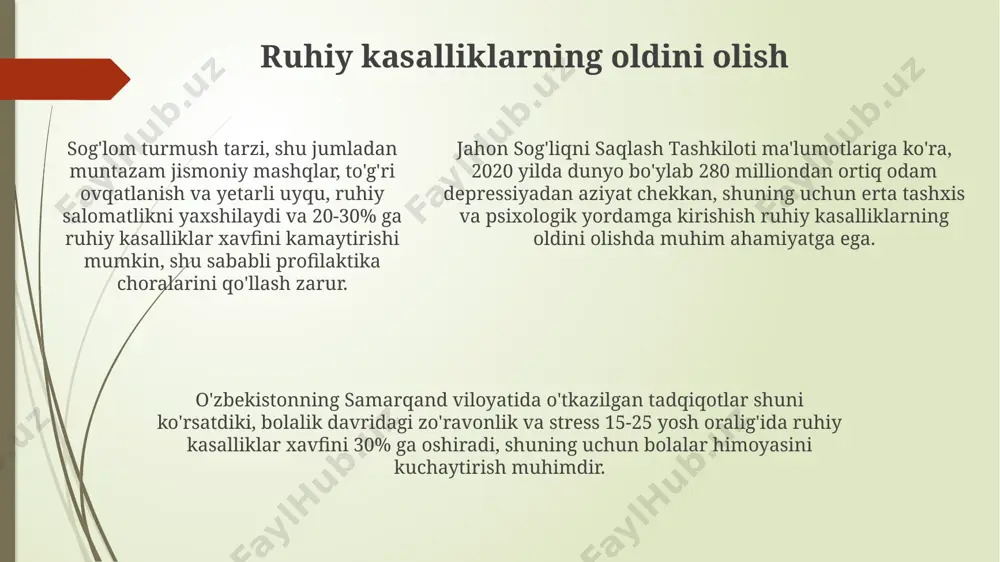 buzilishlar va ularning turlari jahon sog'liqni saqlash tashkiloti (jsst) ma'lumotlariga ko'ra, dunyo bo'ylab 450 milliondan ortiq odam turli ruhiy buzilishlardan aziyat chekadi, bu esa butun jahon aholisining 10 foizidan ko'pini tashkil etadi. o'zbekistonda ruhiy buzilishlar, jumladan, depressiya, xavotir va qo'rquv buzilishlari, shizofreniya kabi kasalliklar keng tarqalgan bo'lib, ularning davolash usullari va professional yordamga bo'lgan ehtiyoj 2023-yil holatiga ko'ra o'sib bormoqda. samarqand viloyatida o'tkazilgan tadqiqotlar shuni ko'rsatdiki, 1000 nafar kattalardan 70 nafari turli darajadagi ruhiy stress va buzilishlardan aziyat chekadi, bu esa aholining ijtimoiy va iqtisodiy farovonligiga salbiy ta'sir ko'rsatadi. mutaxassislarga murojaat qilish toshkent shahridagi 5 dan ortiq ruhiy salomatlik mutaxassislari bilan uchrashuvlarni oldindan 2-3 haftaga rejalashtirish tavsiya etiladi, chunki ularning bandligi yuqori bo'lishi mumkin. farg'ona shahridagi 3 ta yirik shifoxonaning ruhiy salomatlik bo'limlariga murojaat qilish uchun tibbiy ma'lumotnoma yoki shifokorning yo'llanmasi kerak bo'lishi mumkin. samarqand viloyatida joylashgan psixologik yordam markazlari 18 yoshgacha bo'lganlar uchun bepul yoki arzonlashtirilgan xizmatlar taklif qilishi …